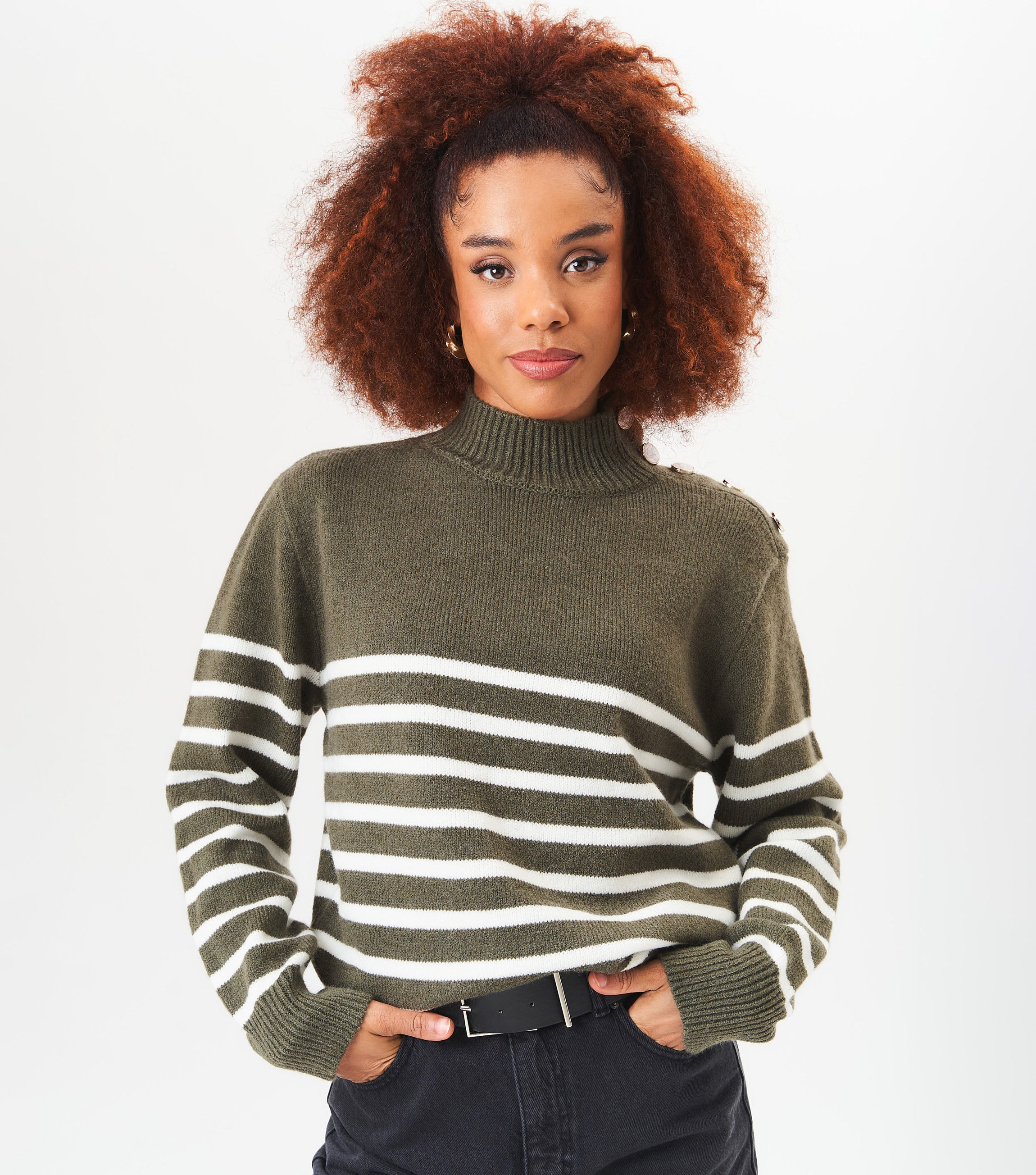 Khaki High Neck Stripe Oversized Jumper