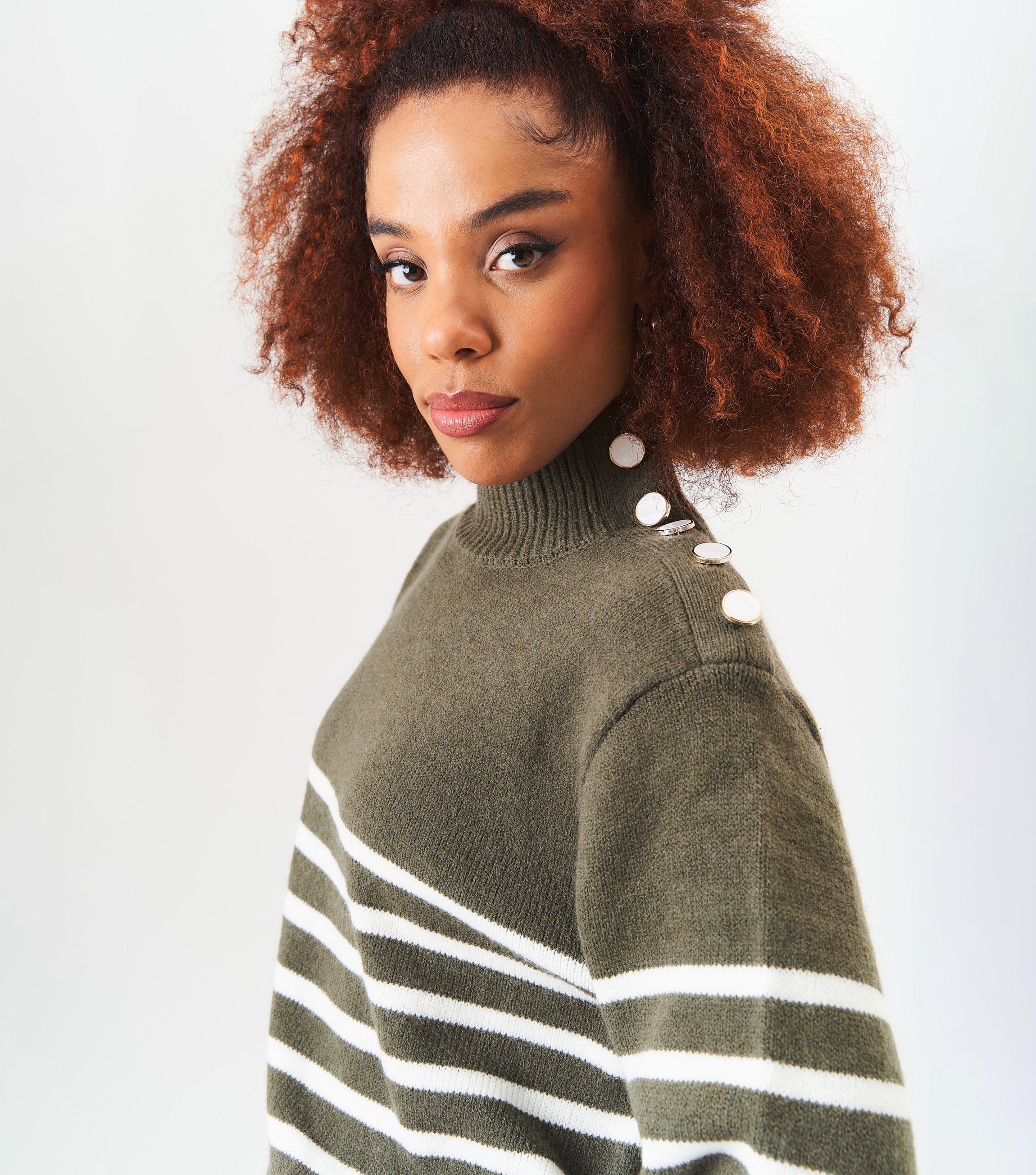 Khaki High Neck Stripe Oversized Jumper