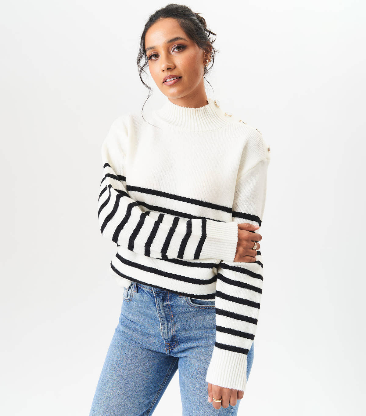 Cream High Neck Stripe Oversized Jumper – View 1 | Gini London