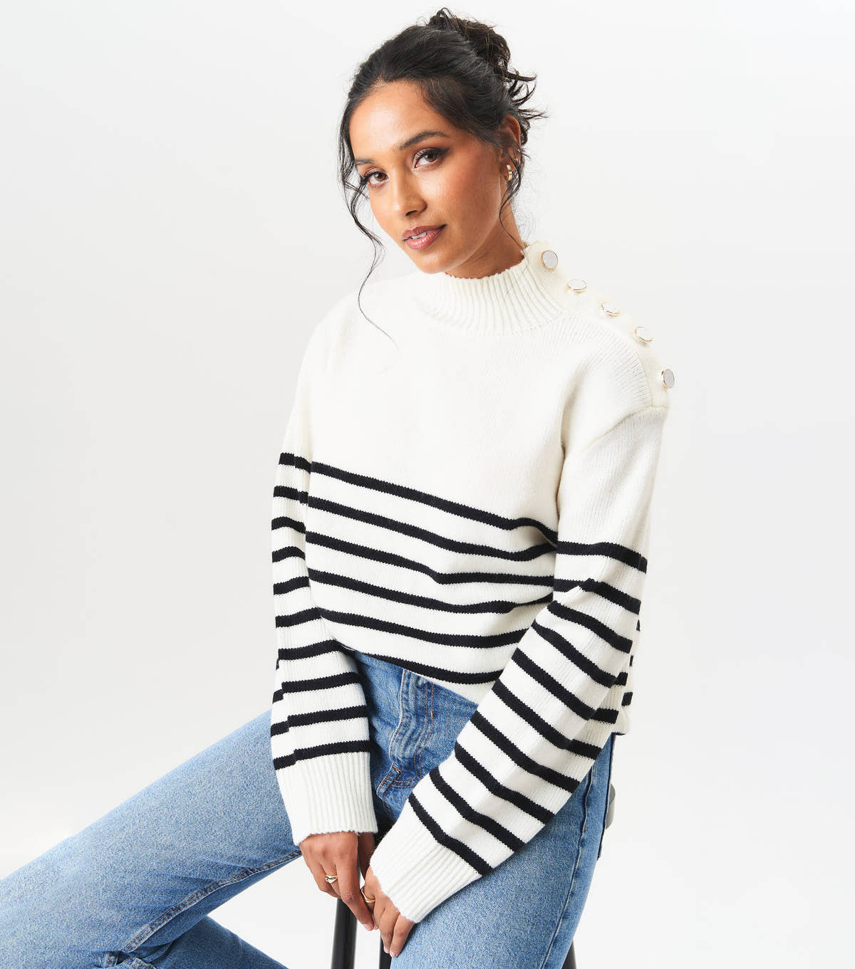 Cream High Neck Stripe Oversized Jumper – View 3 | Gini London
