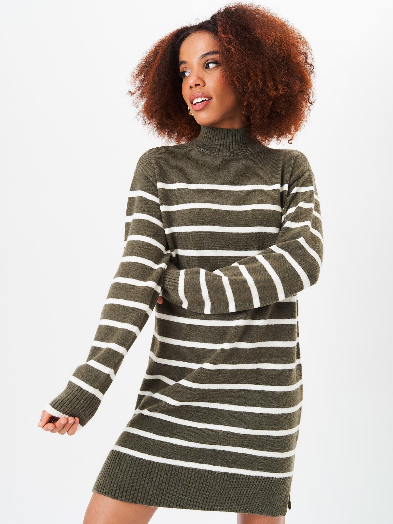 Khaki High Neck Stripe Oversized Tunic Dress