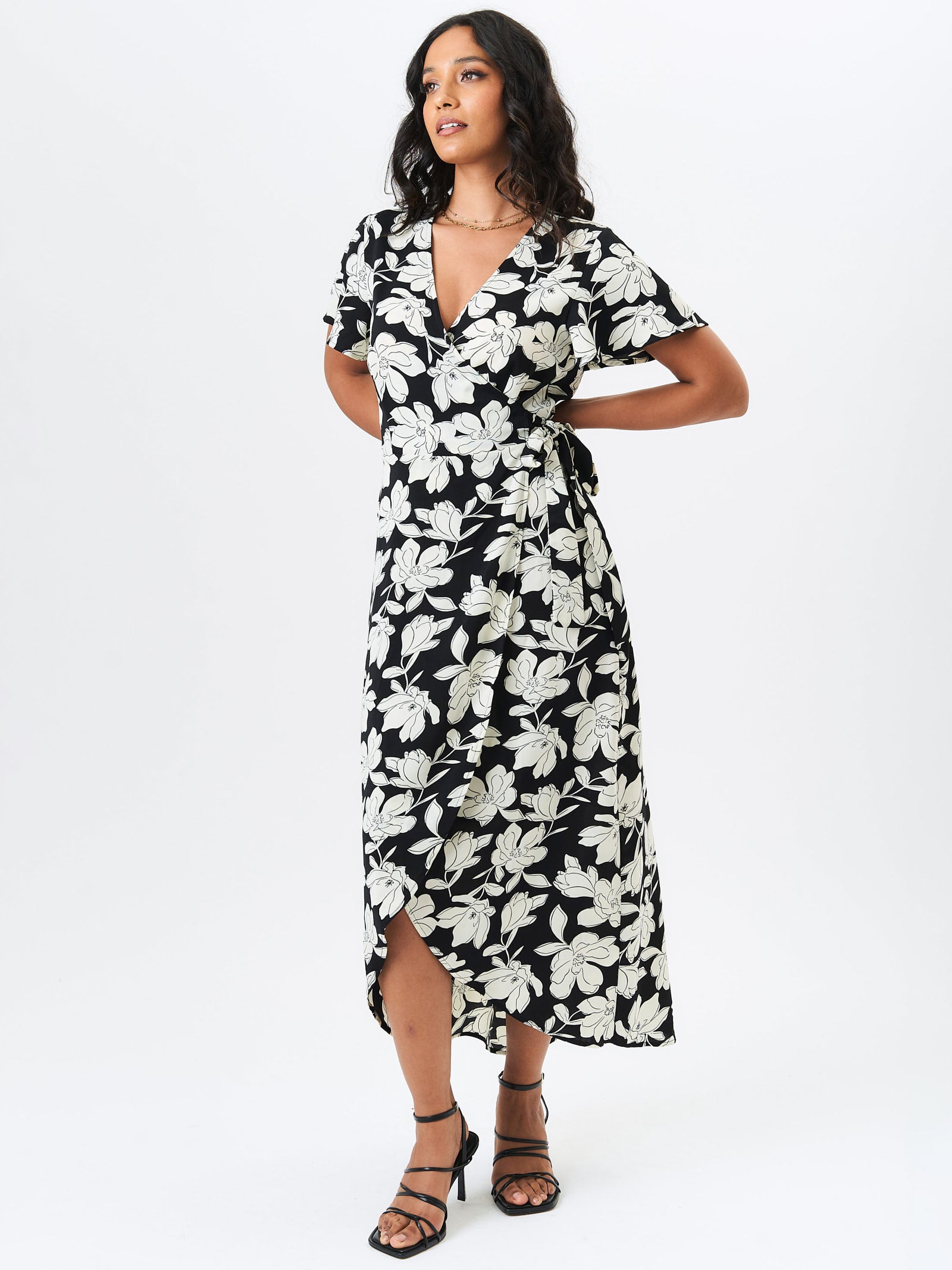 Black Floral Printed Wrap Midi Dress