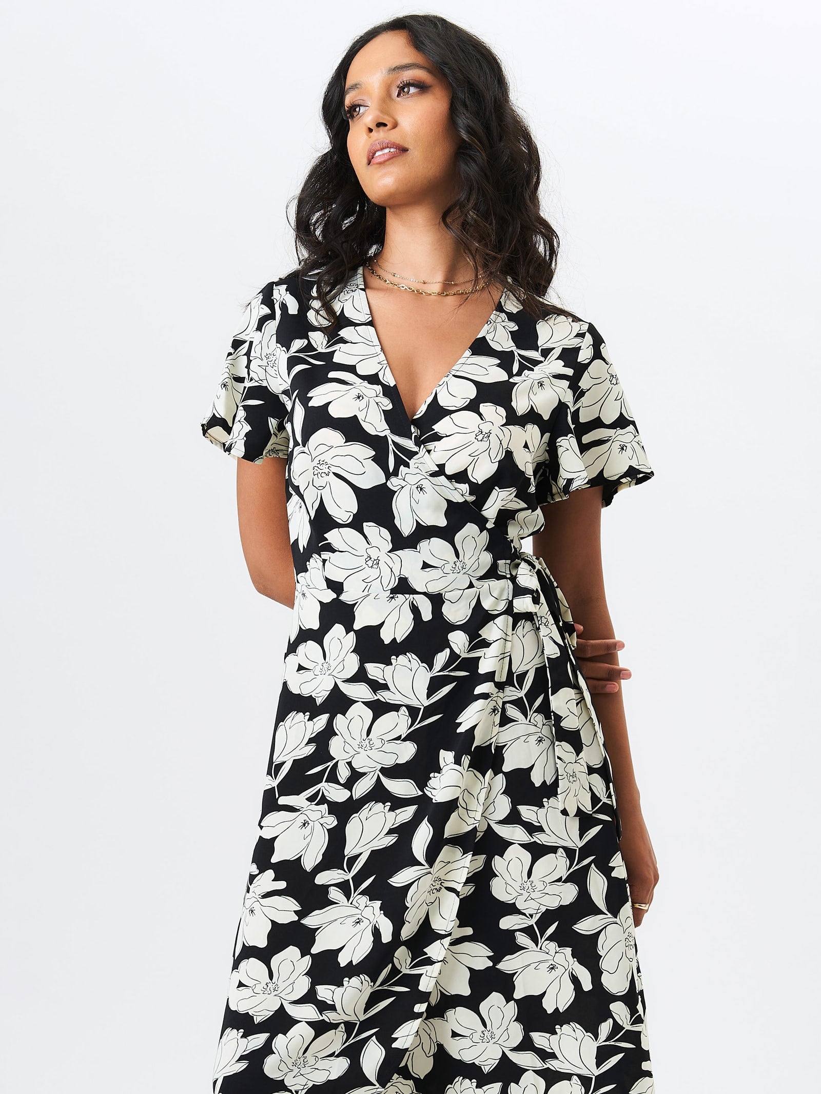 Black Floral Printed Wrap Midi Dress