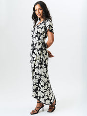 Black Floral Printed Wrap Midi Dress