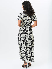 Black Floral Printed Wrap Midi Dress