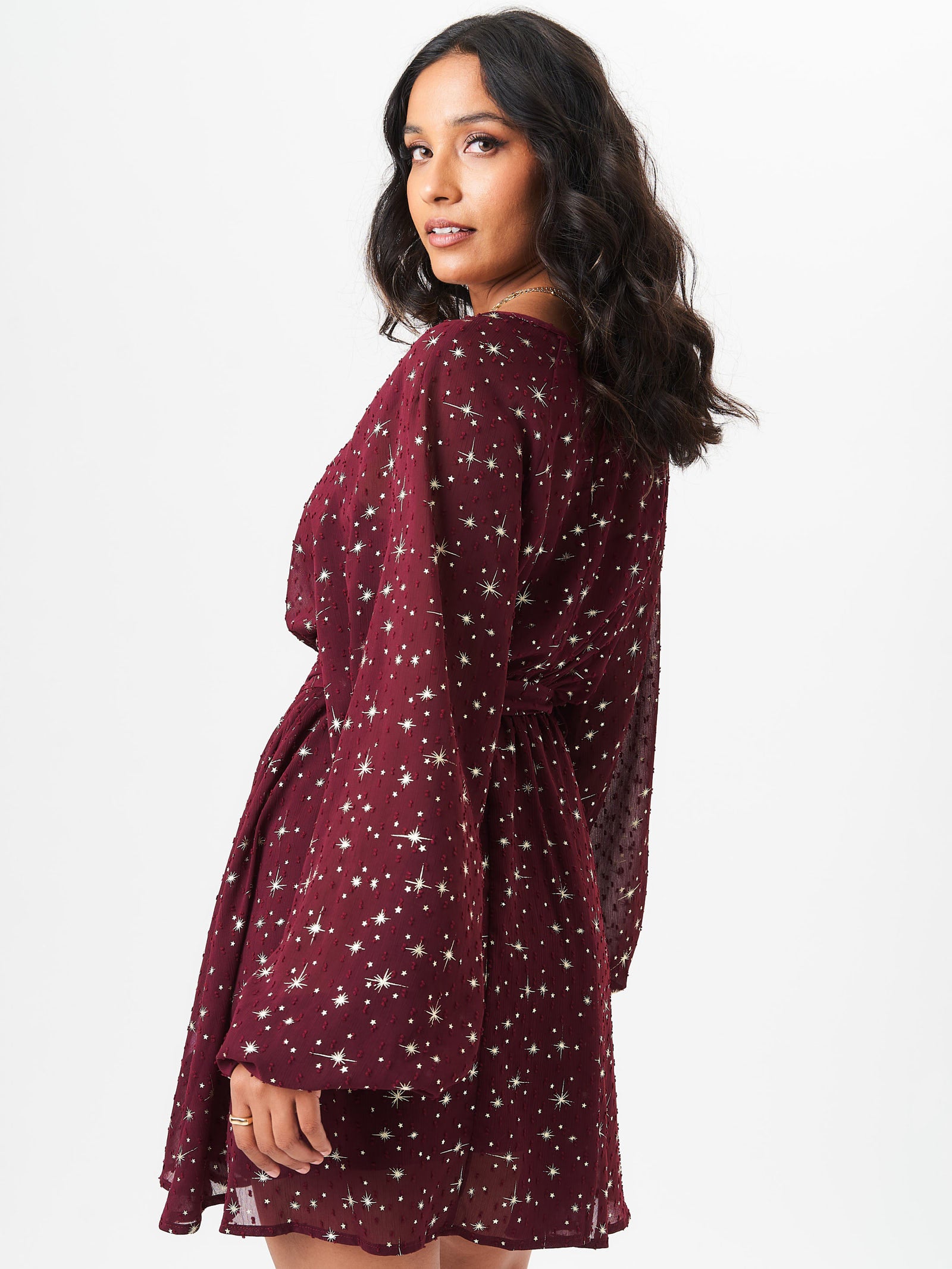 Burgundy Star Print Long Sleeve Mini Dress