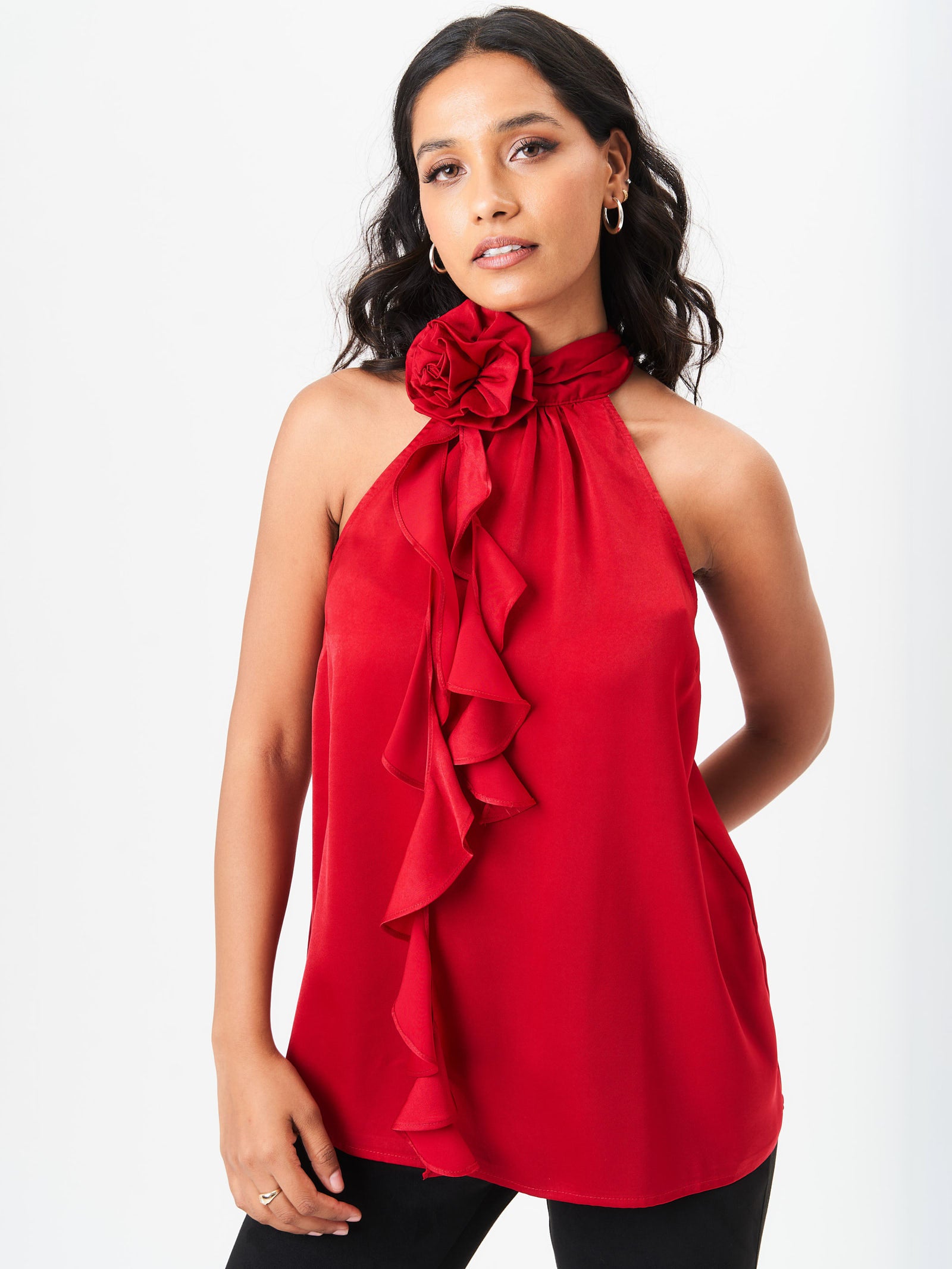 Red Corsage Frill Halter Neck Top