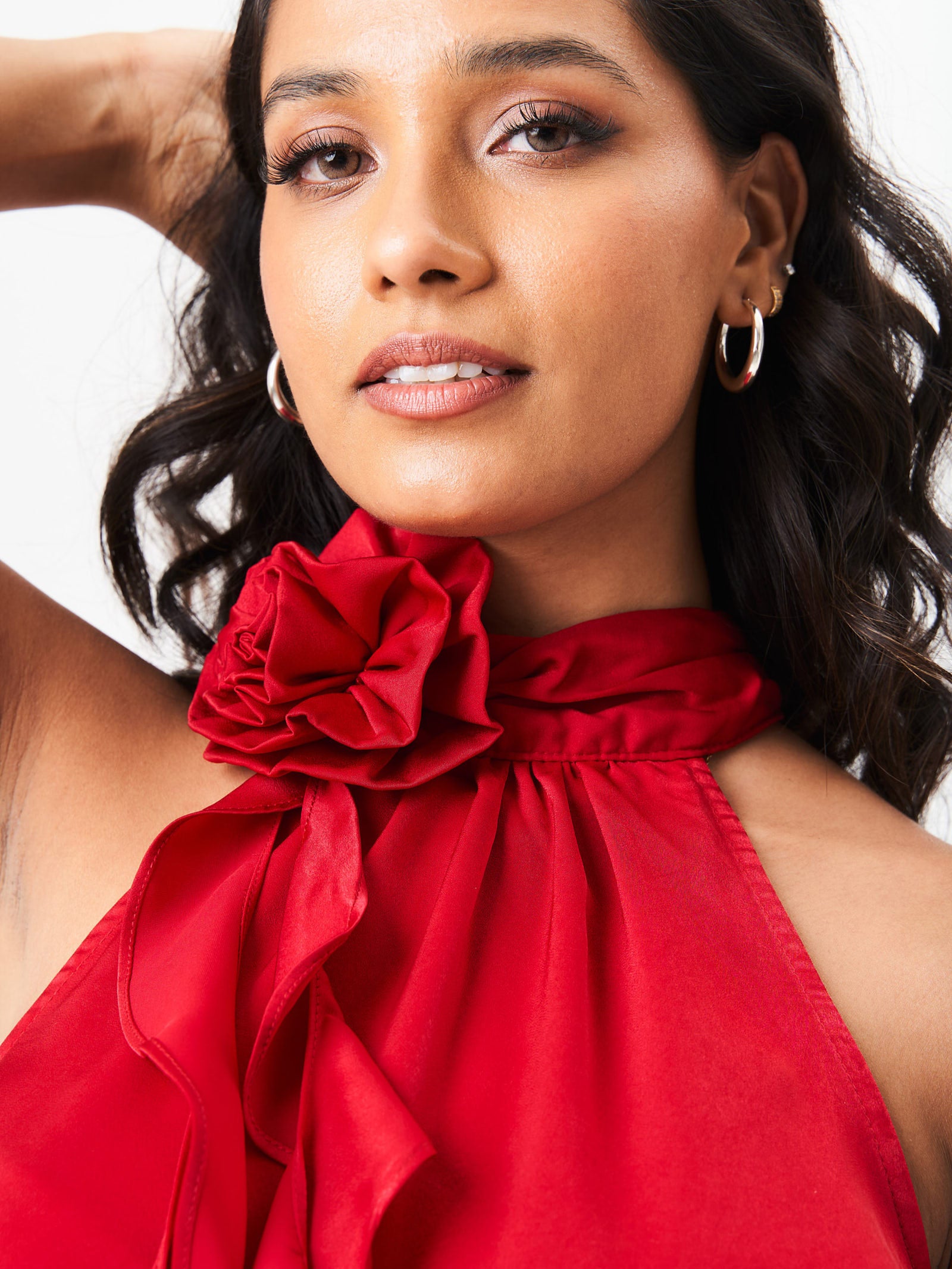 Red Corsage Frill Halter Neck Top