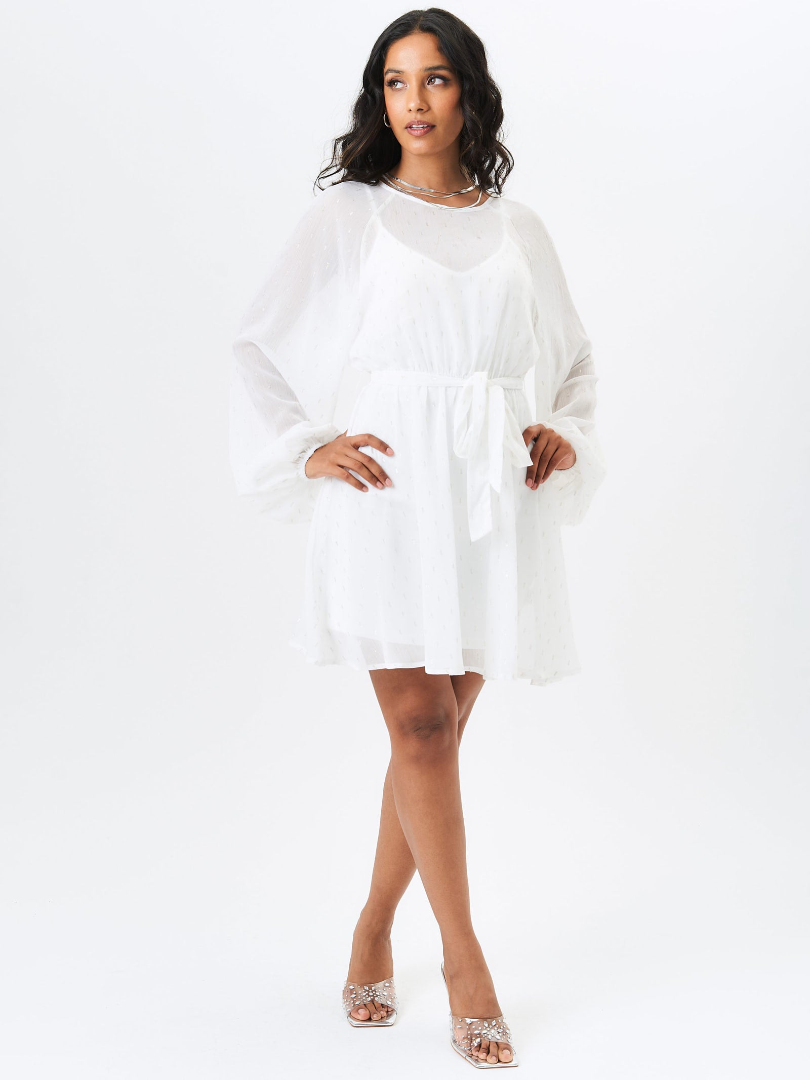 Long Sleeve Chiffon Foil Mini Dress