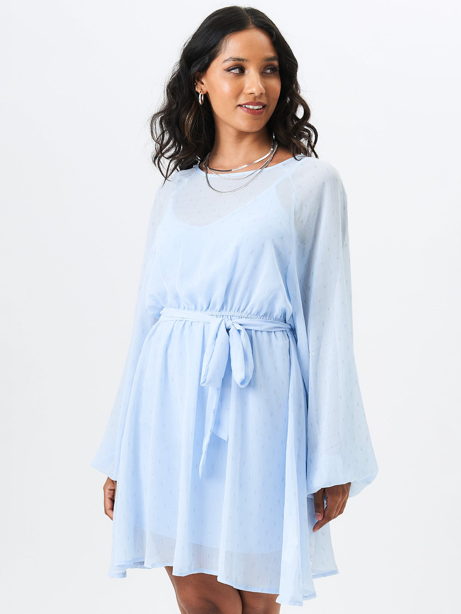 Blue Long Sleeve Chiffon Foil Mini Dress