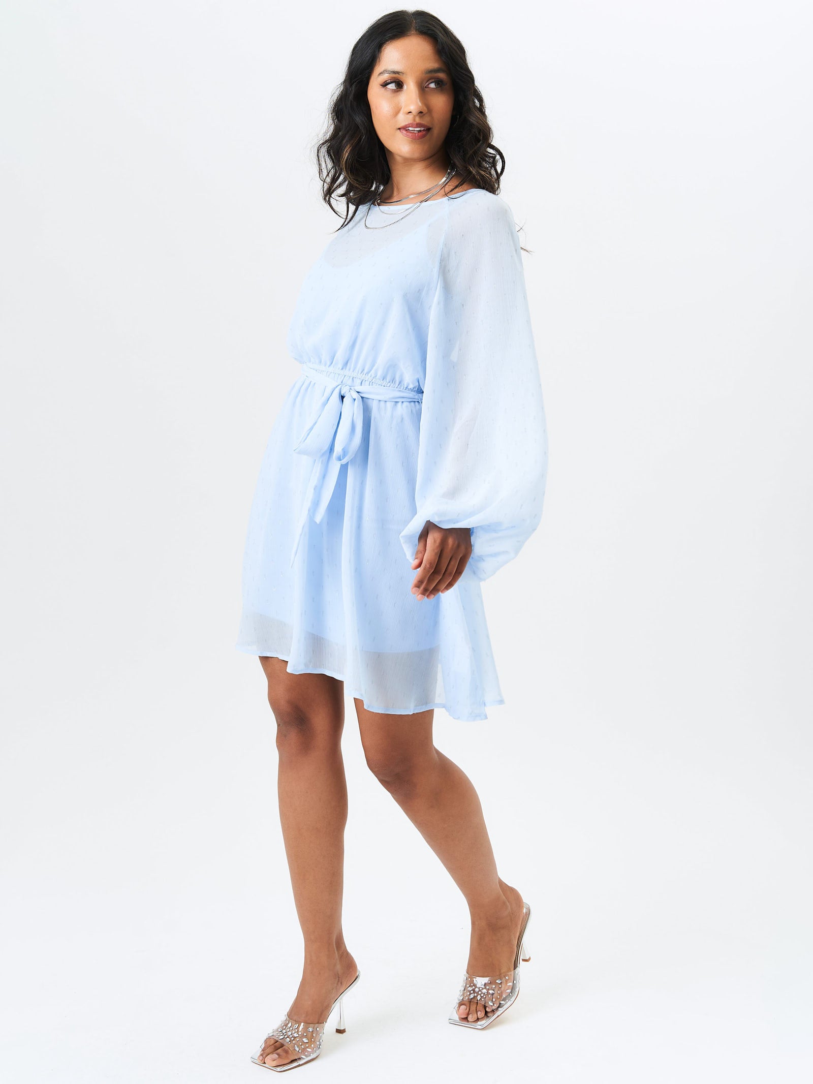 Blue Long Sleeve Chiffon Foil Mini Dress