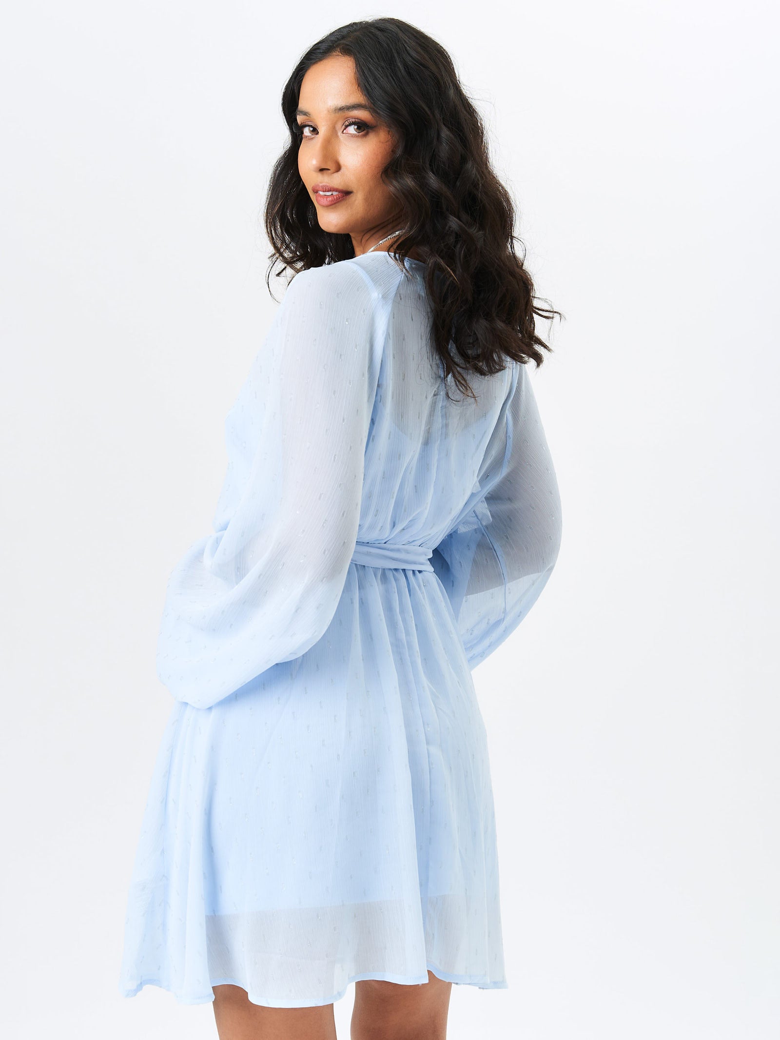 Blue Long Sleeve Chiffon Foil Mini Dress