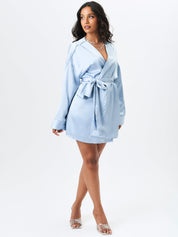 Light Blue Satin Tie Side Wide Sleeve Mini Dress