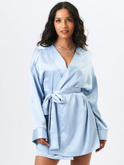 Light Blue Satin Tie Side Wide Sleeve Mini Dress