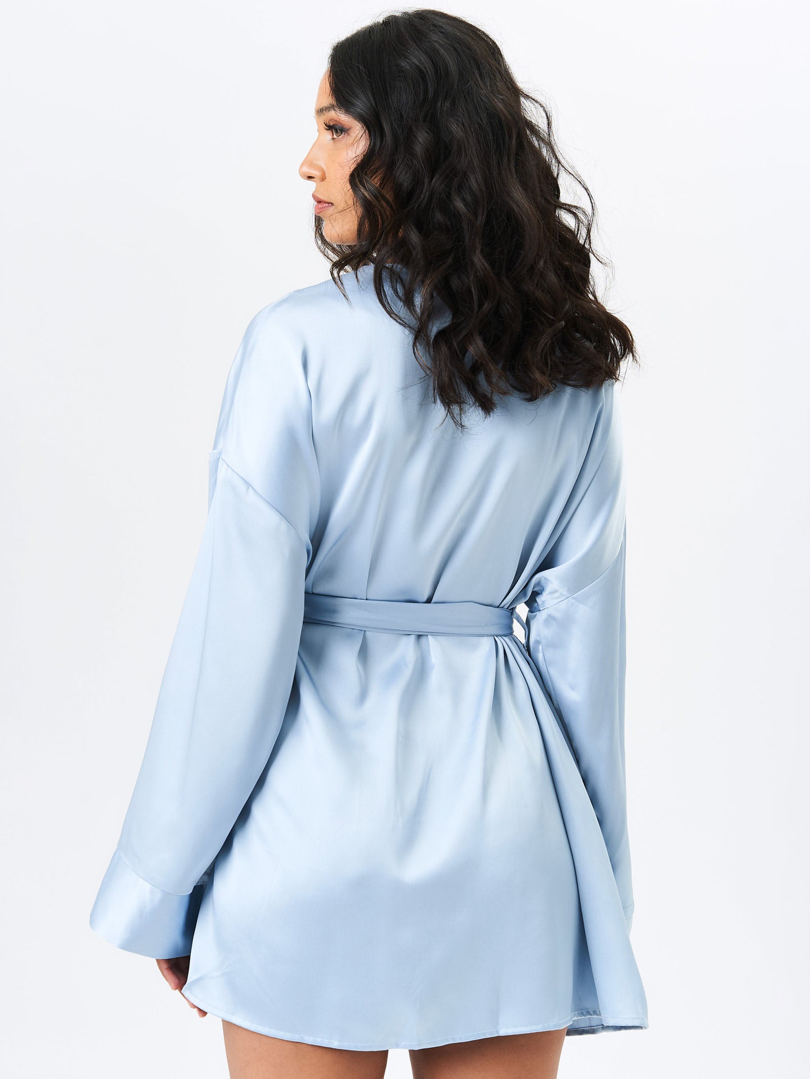 Light Blue Satin Tie Side Wide Sleeve Mini Dress