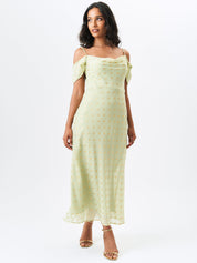 Sage Green Cowl Neck Drop Sleeves Foil Maxi Dress