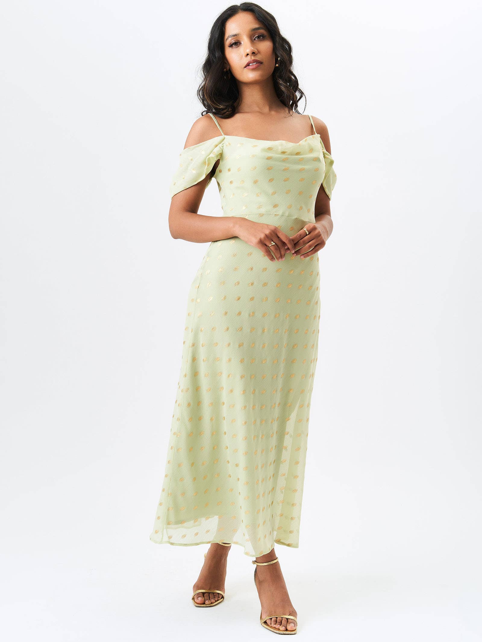 Sage Green Cowl Neck Drop Sleeves Foil Maxi Dress