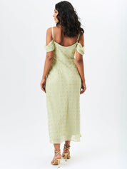 Sage Green Cowl Neck Drop Sleeves Foil Maxi Dress