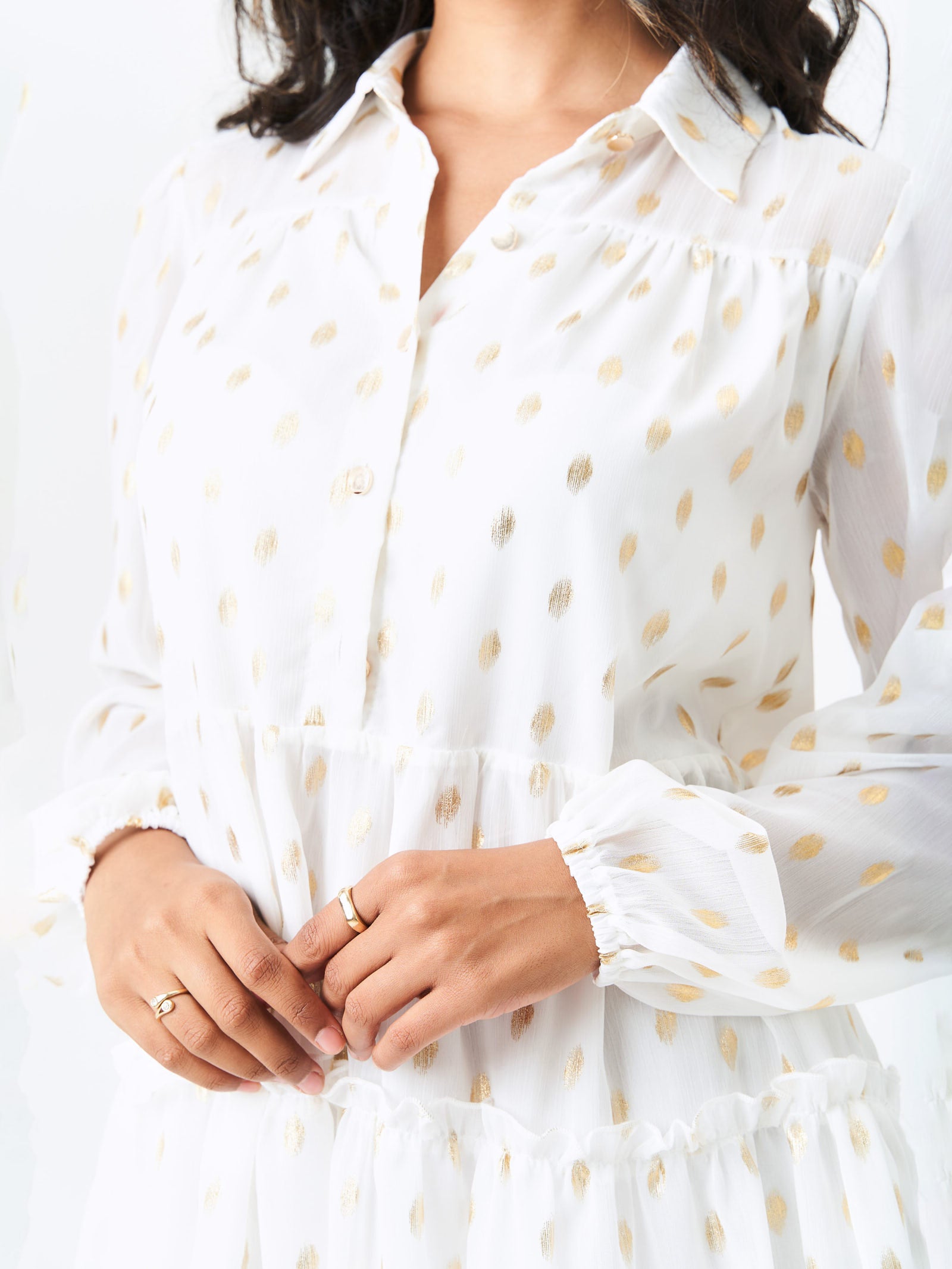 White Foil Print Smock Shirt Dress