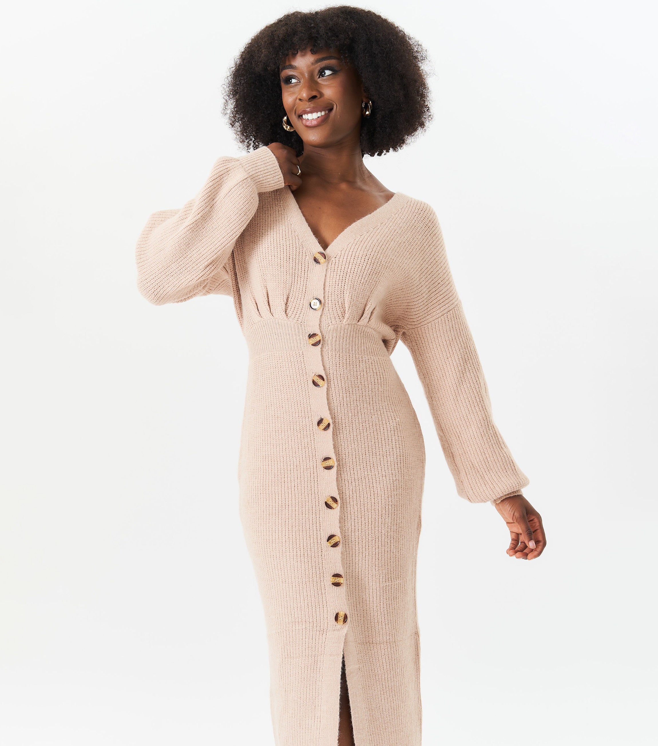 Beige V Neck Rib Knit Button Through Midi Dress