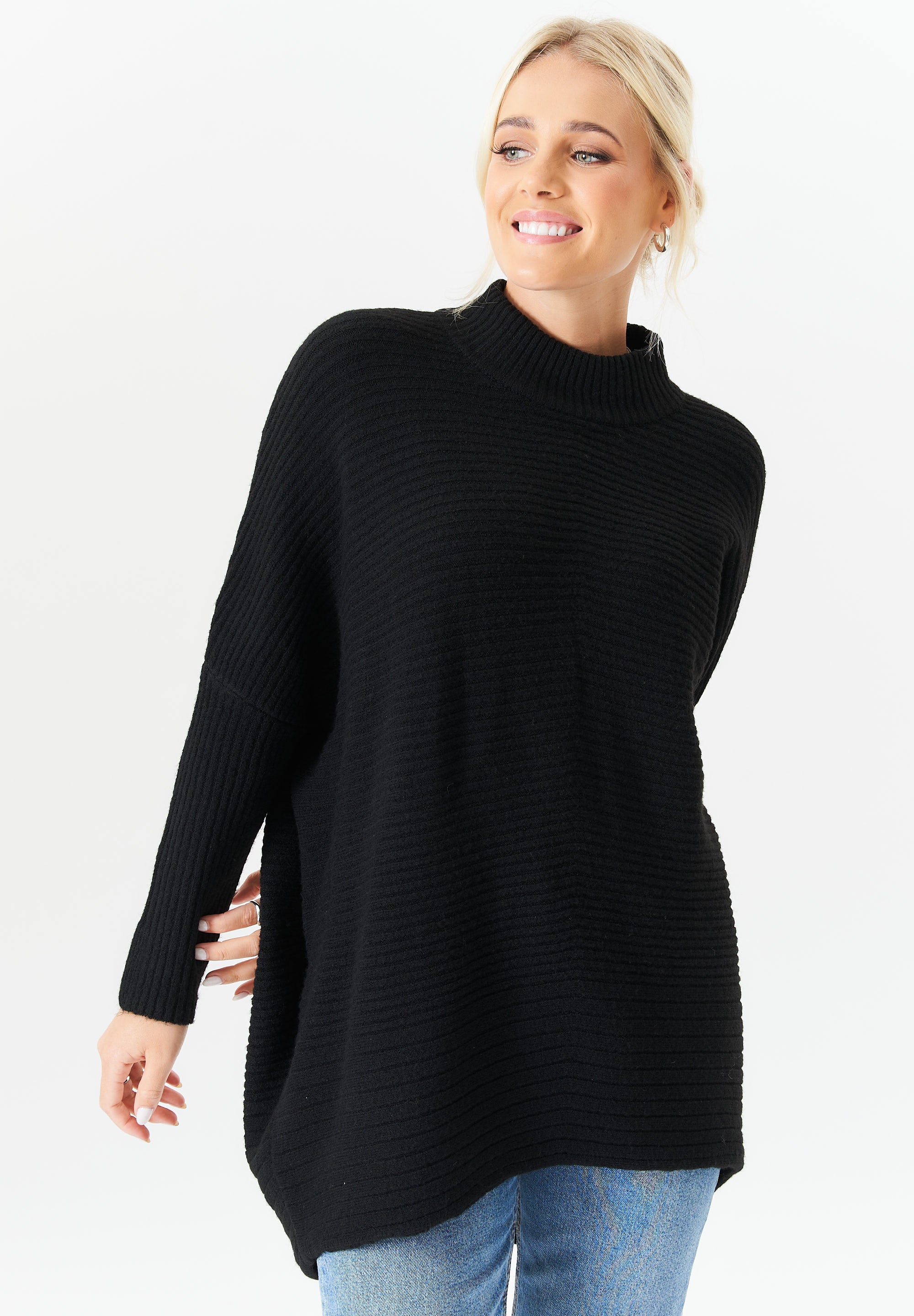 Black Chunky Knit High Neck Oversized Jumper