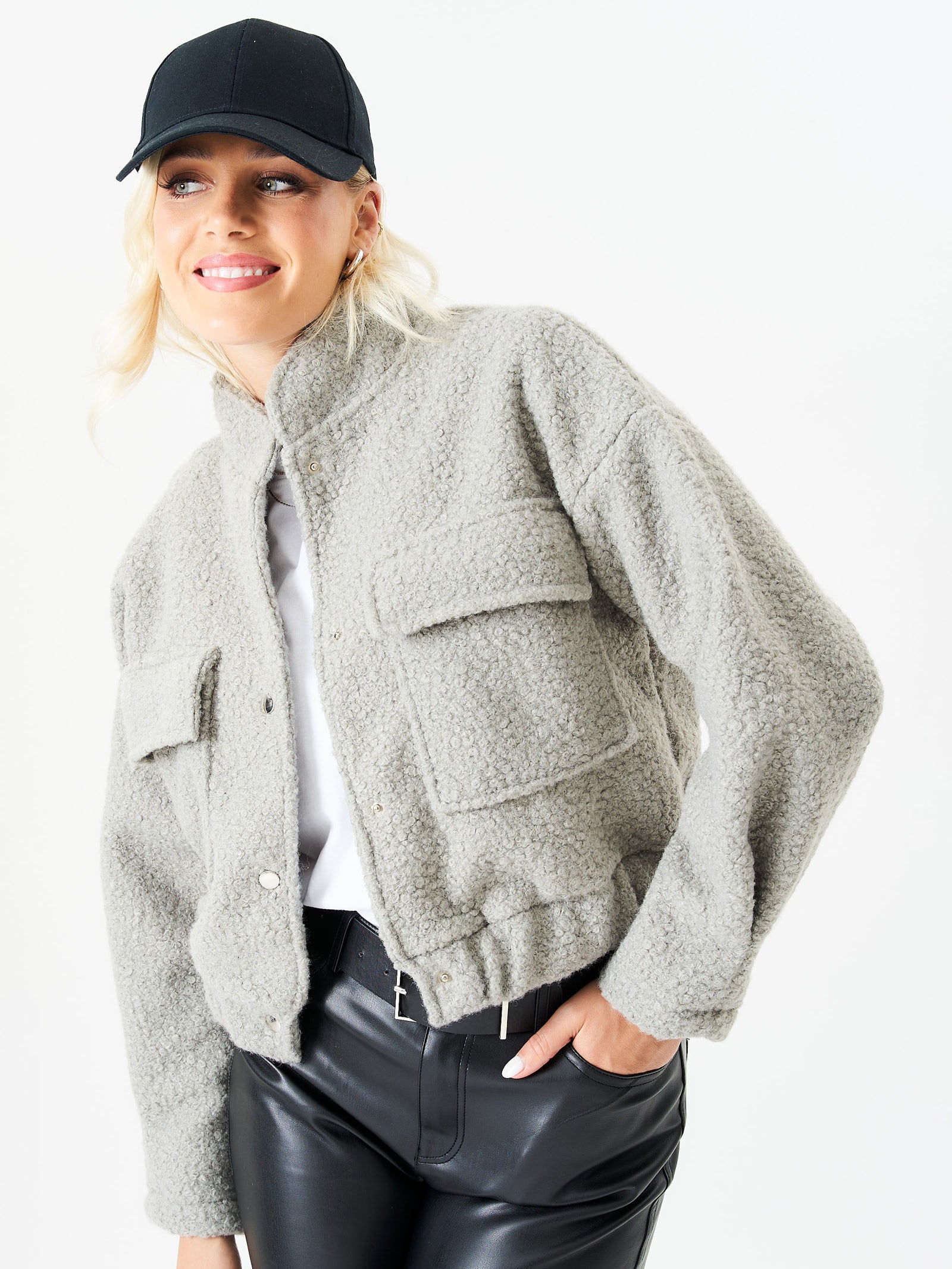 Grey Boucle Wool Elasticated Waist Cropped Jacket