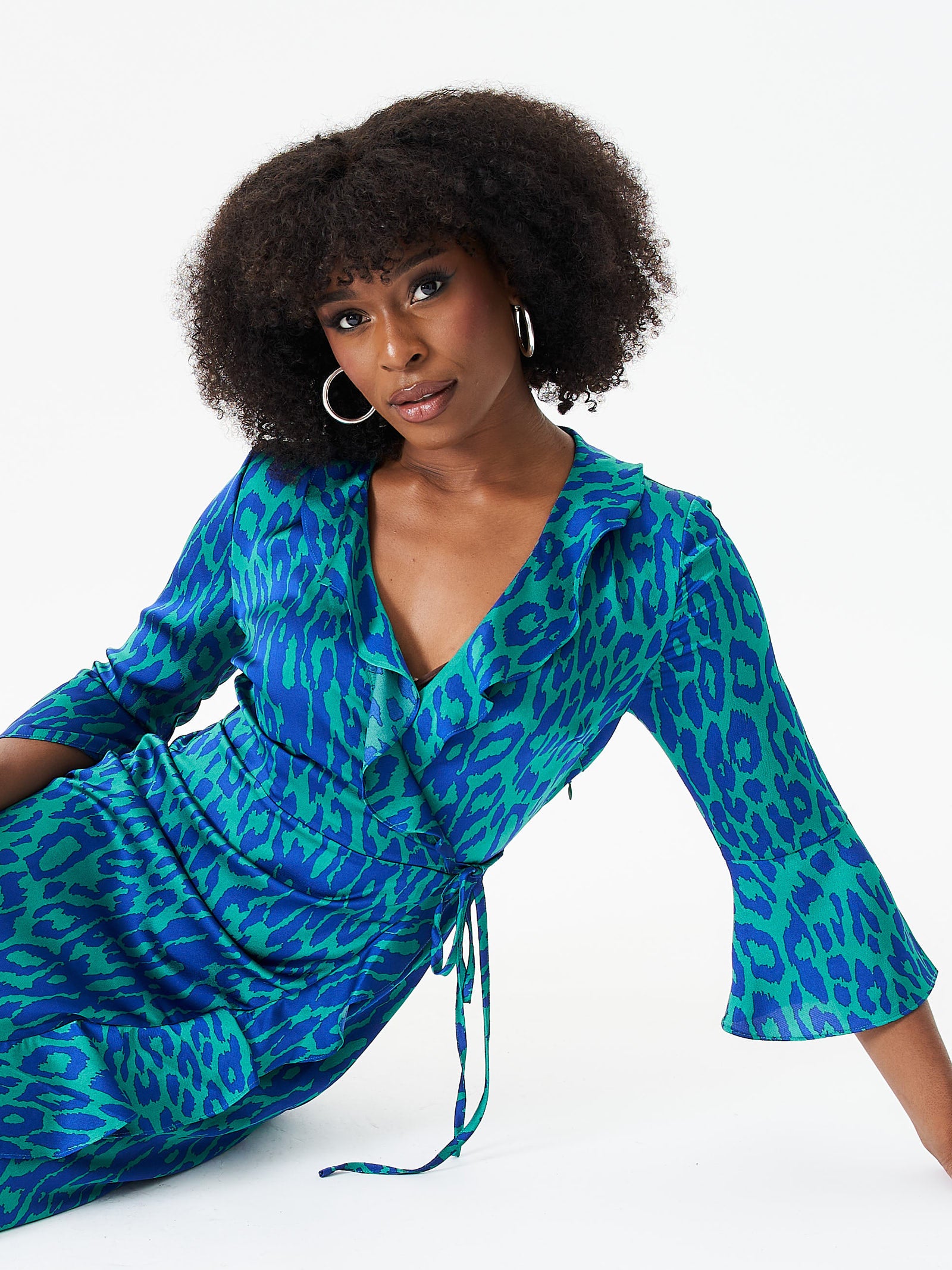 Green Animal Print Ruffle Wrap Dress