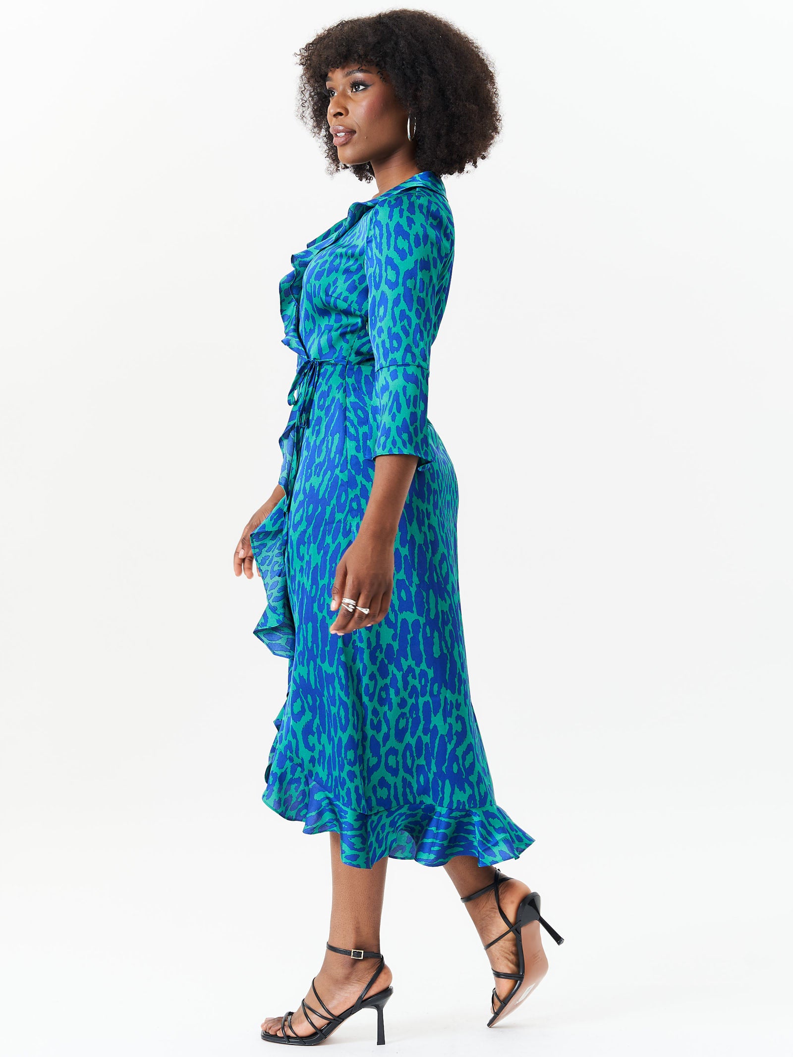 Green Animal Print Ruffle Wrap Dress