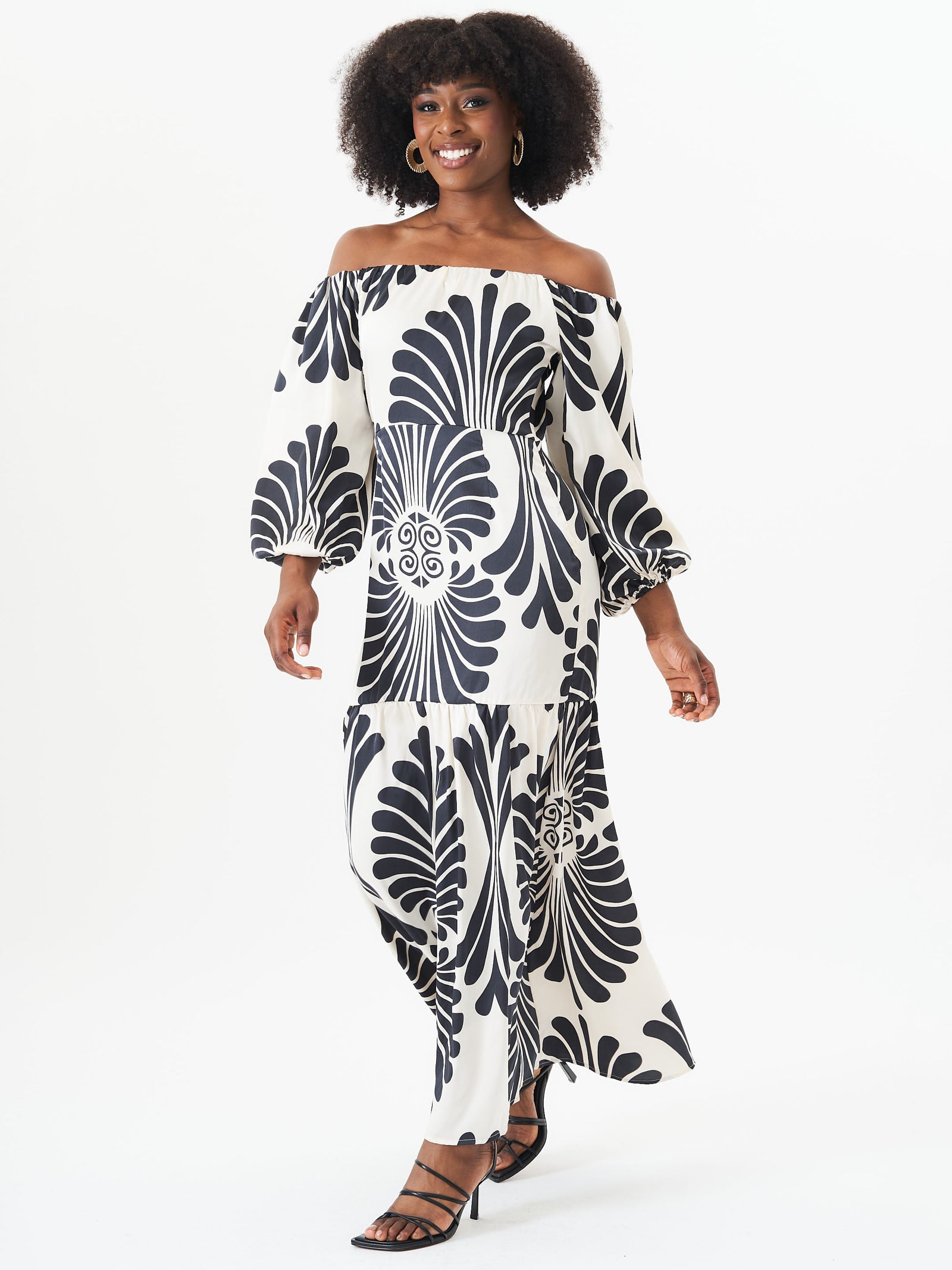 Cream Bardot Mono Print Maxi Dress