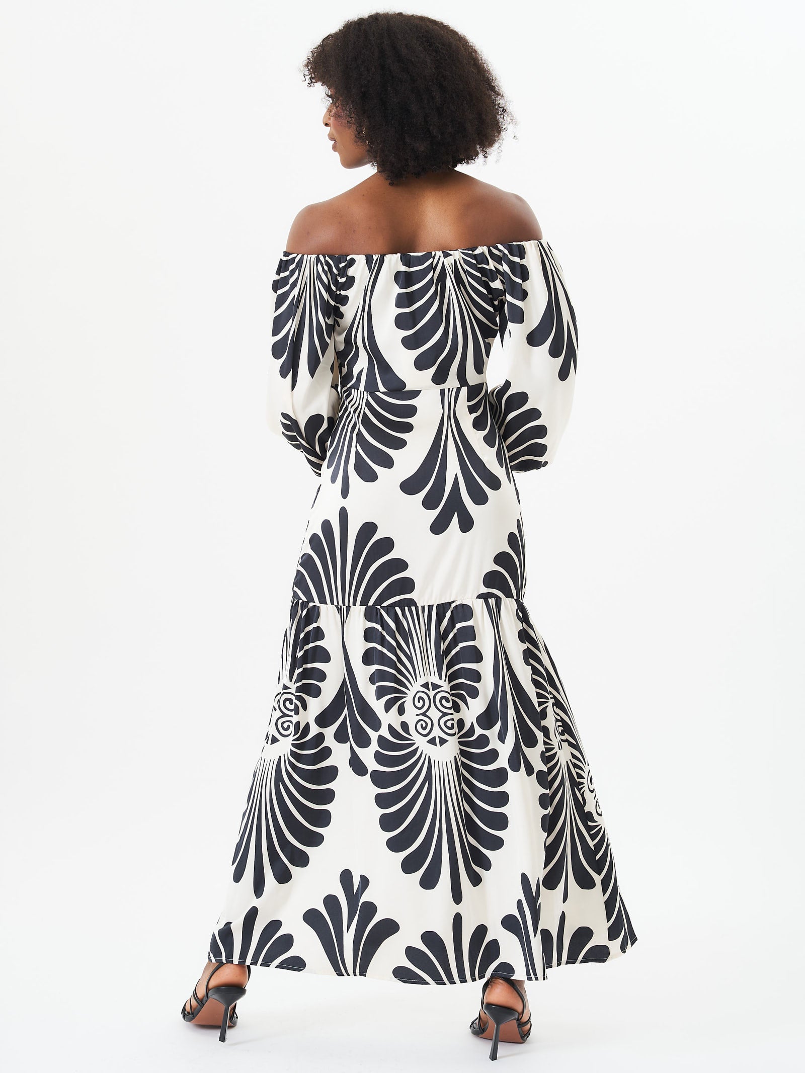 Cream Bardot Mono Print Maxi Dress