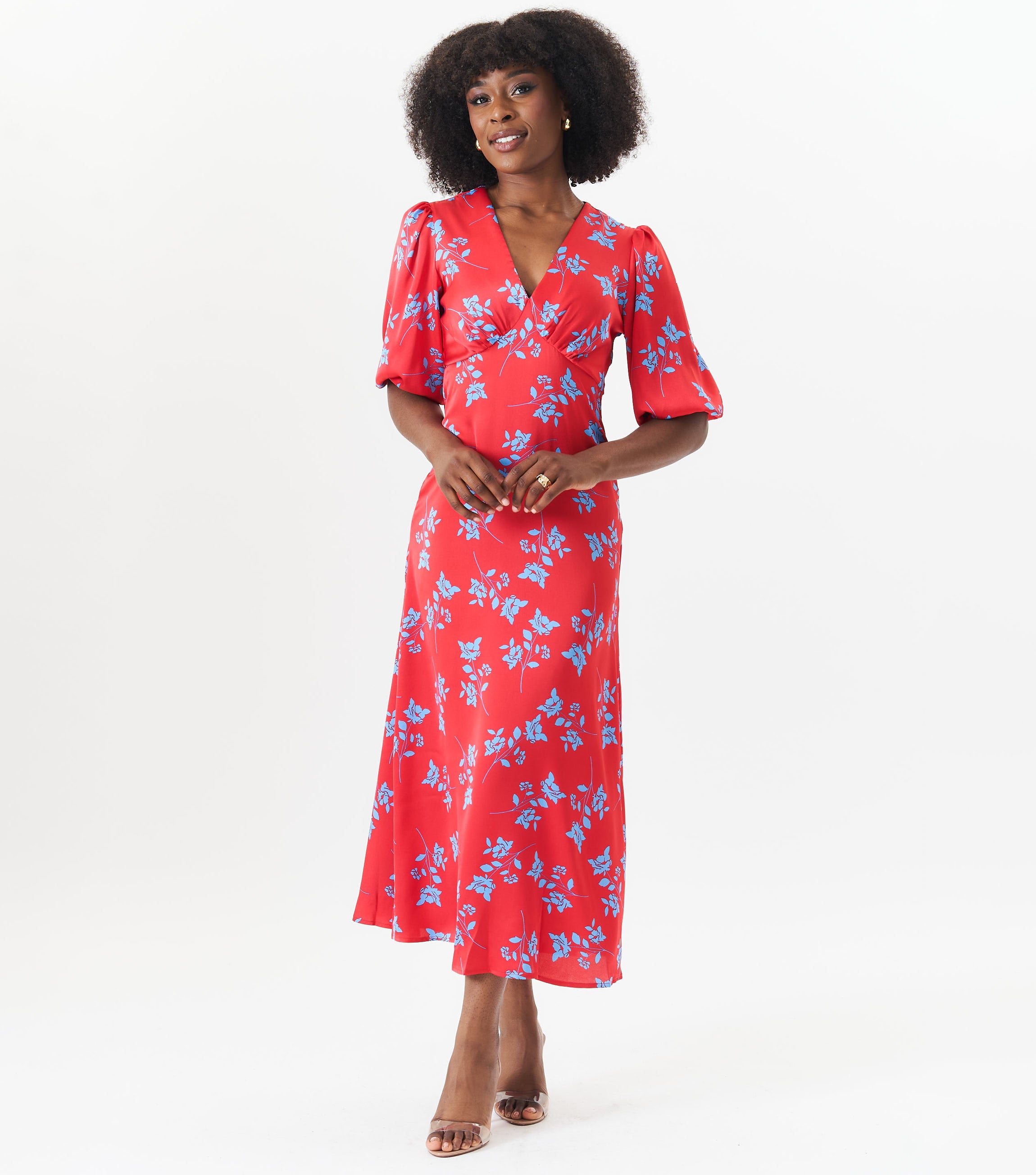 Red Stencil Floral Midi Dress