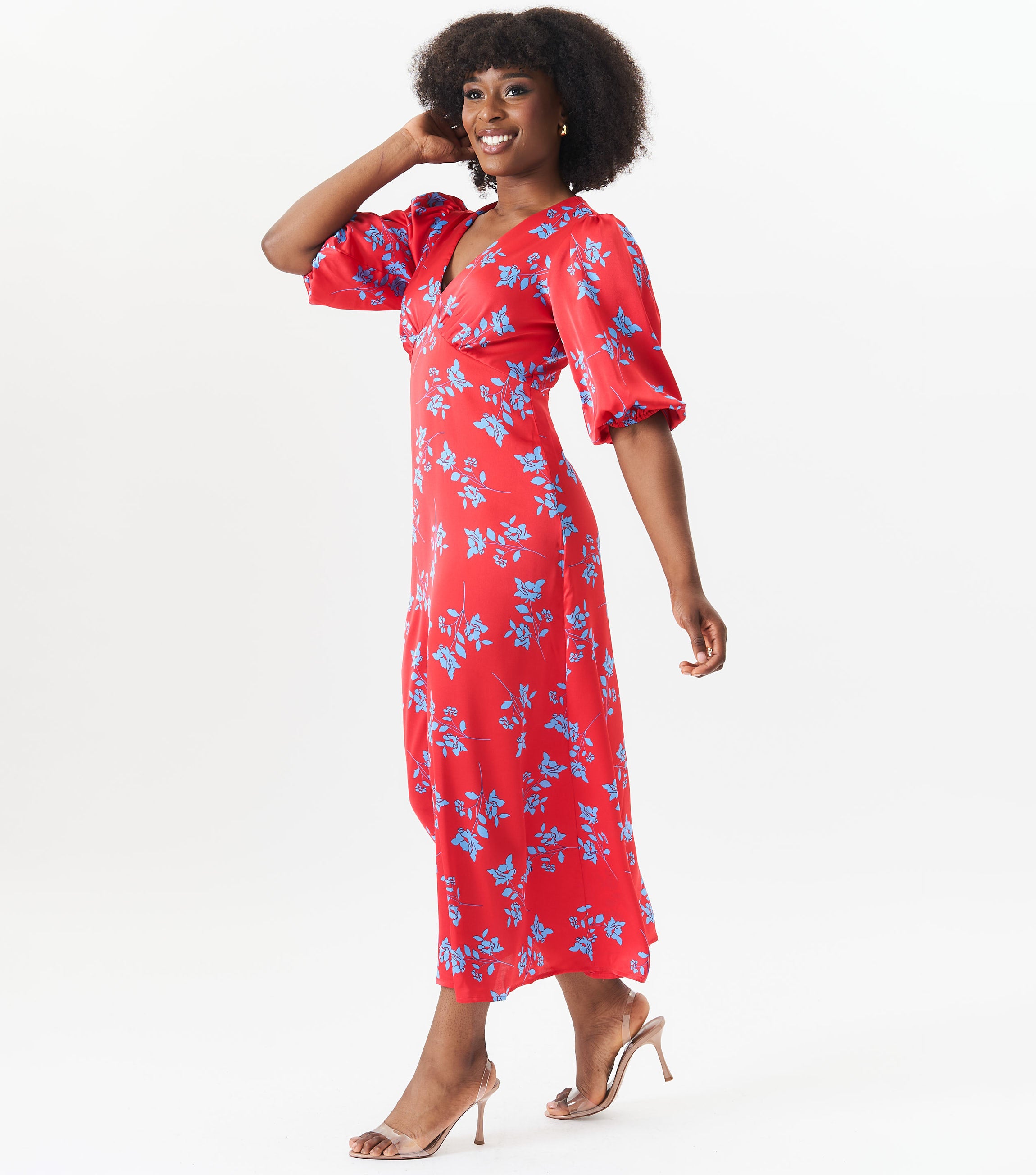 Red Stencil Floral Midi Dress