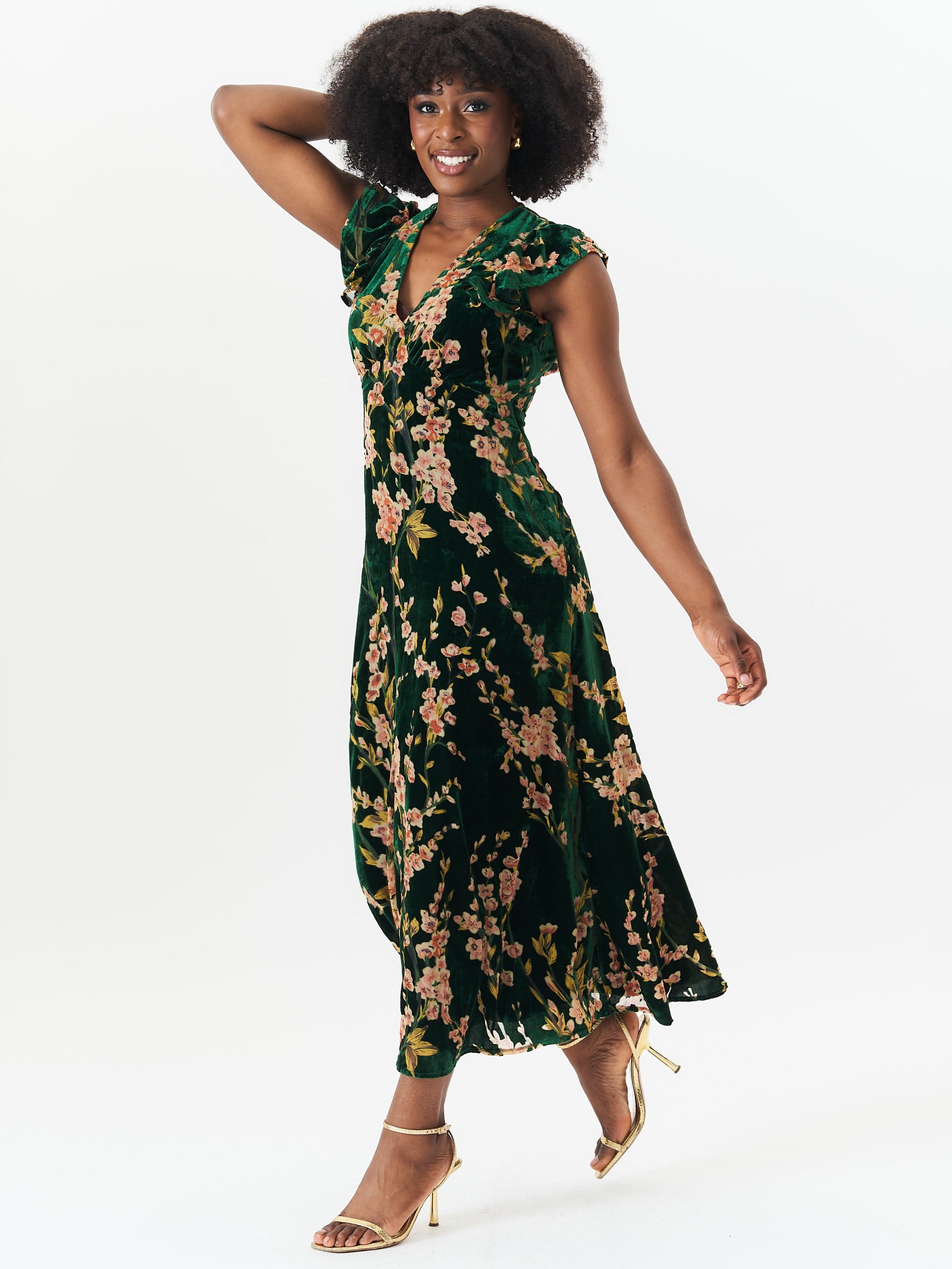 Green Floral Devore Ruffle V Neck Midaxi Dress