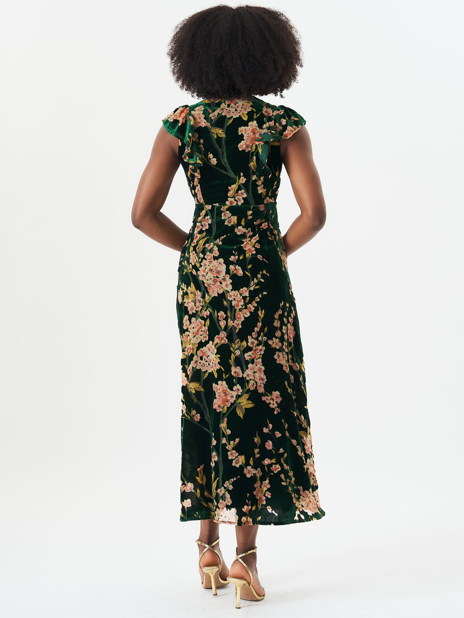 Green Floral Devore Ruffle V Neck Midaxi Dress