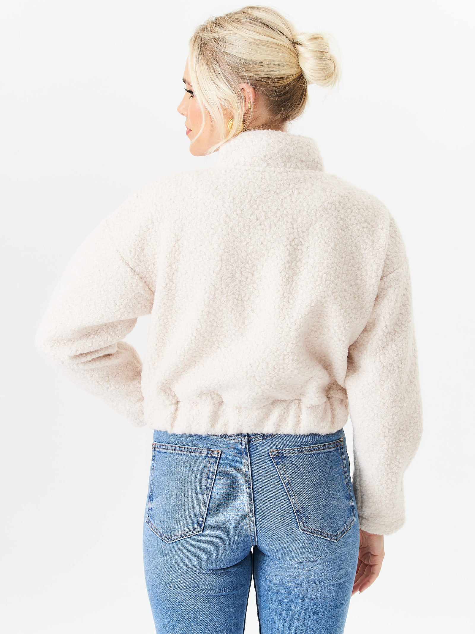 Beige Boucle Wool Elasticated Waist Cropped Jacket