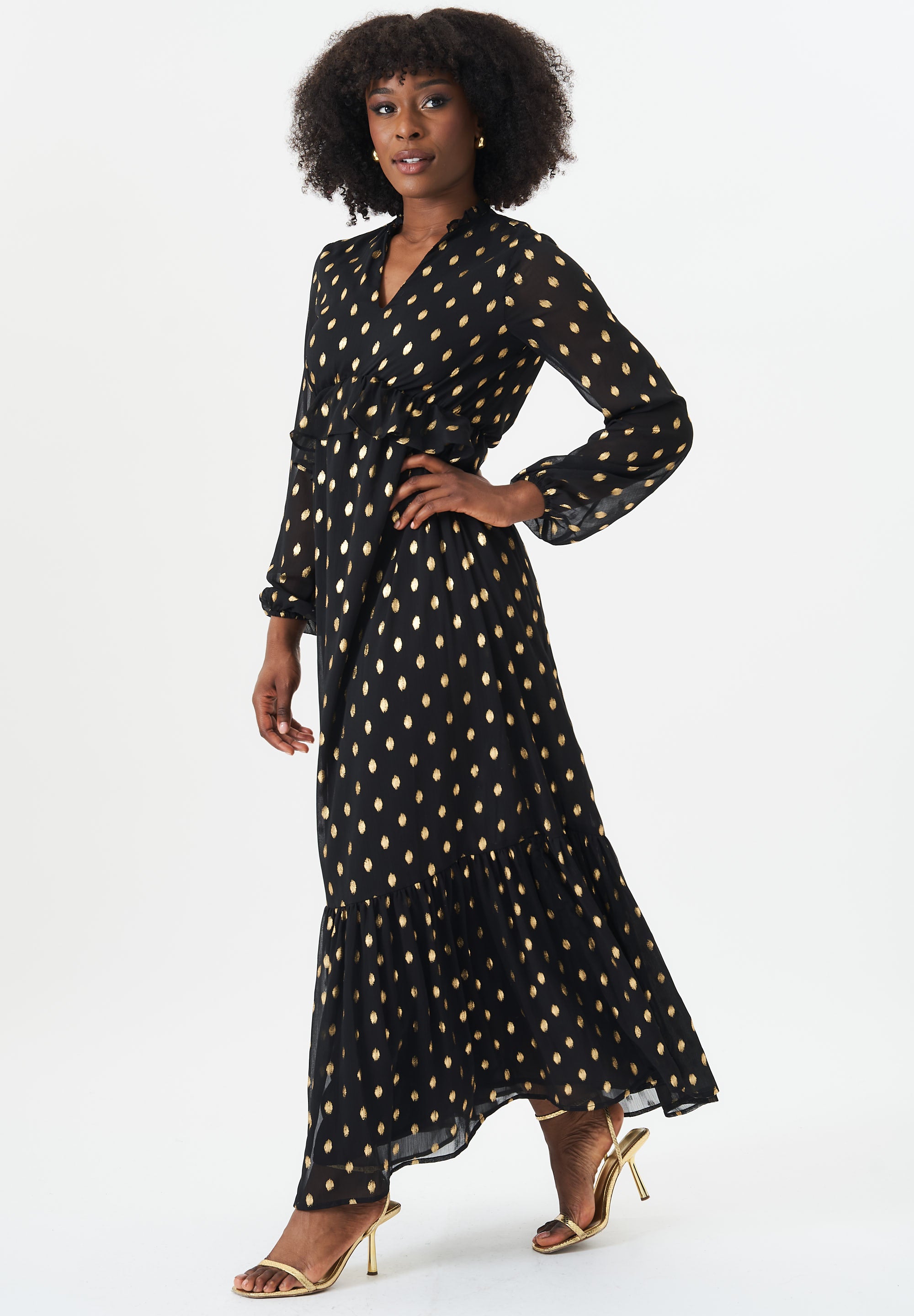 Black Foil Print Ruffle Midi Dress