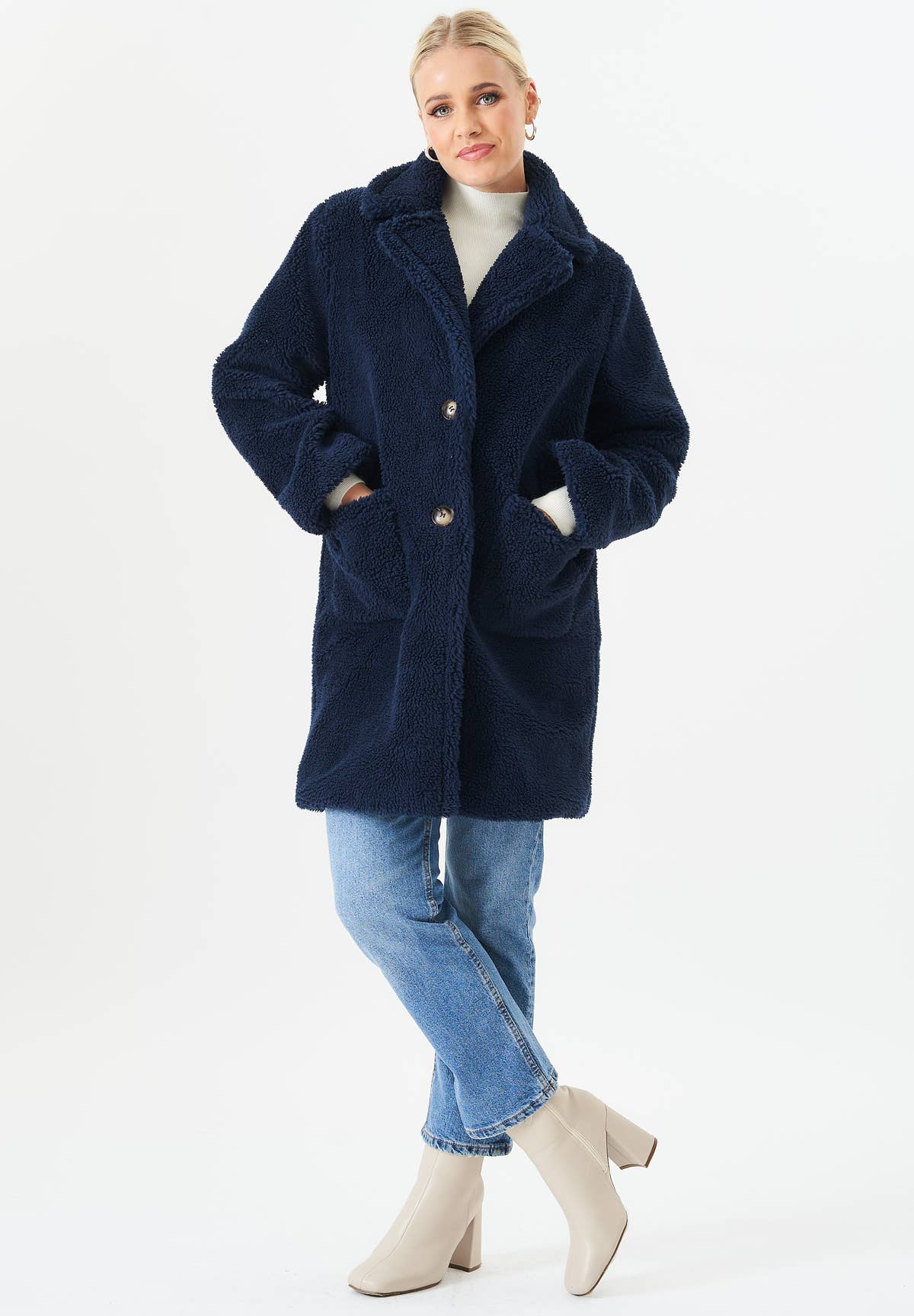 Blue Faux Fur Longline Teddy Overcoat – View 1 | Gini London