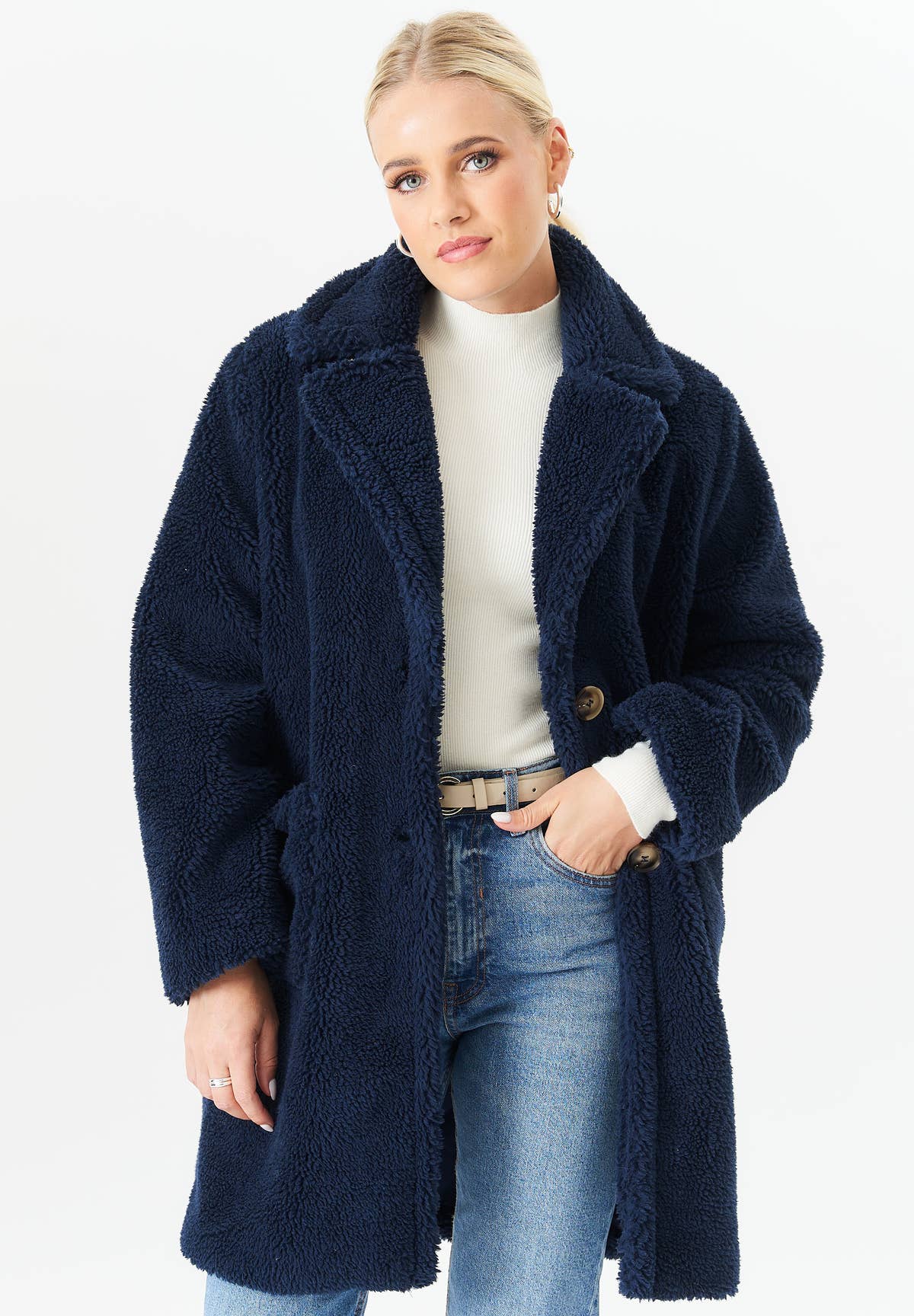 Blue Faux Fur Longline Teddy Overcoat – View 2 | Gini London