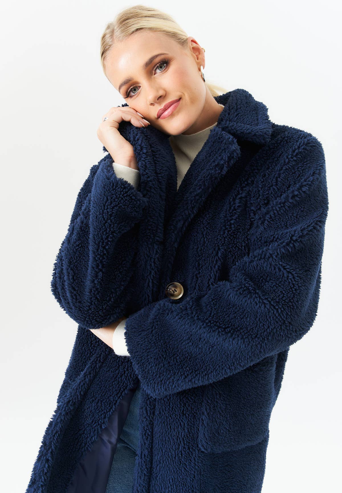 Blue Faux Fur Longline Teddy Overcoat – View 3 | Gini London