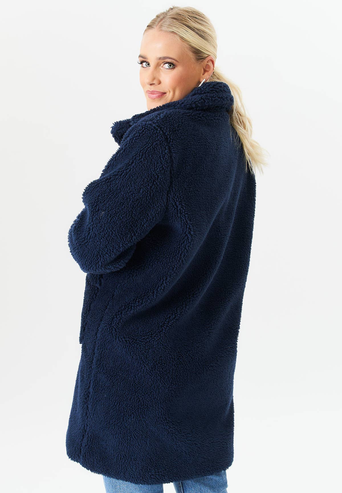 Blue Faux Fur Longline Teddy Overcoat – View 4 | Gini London