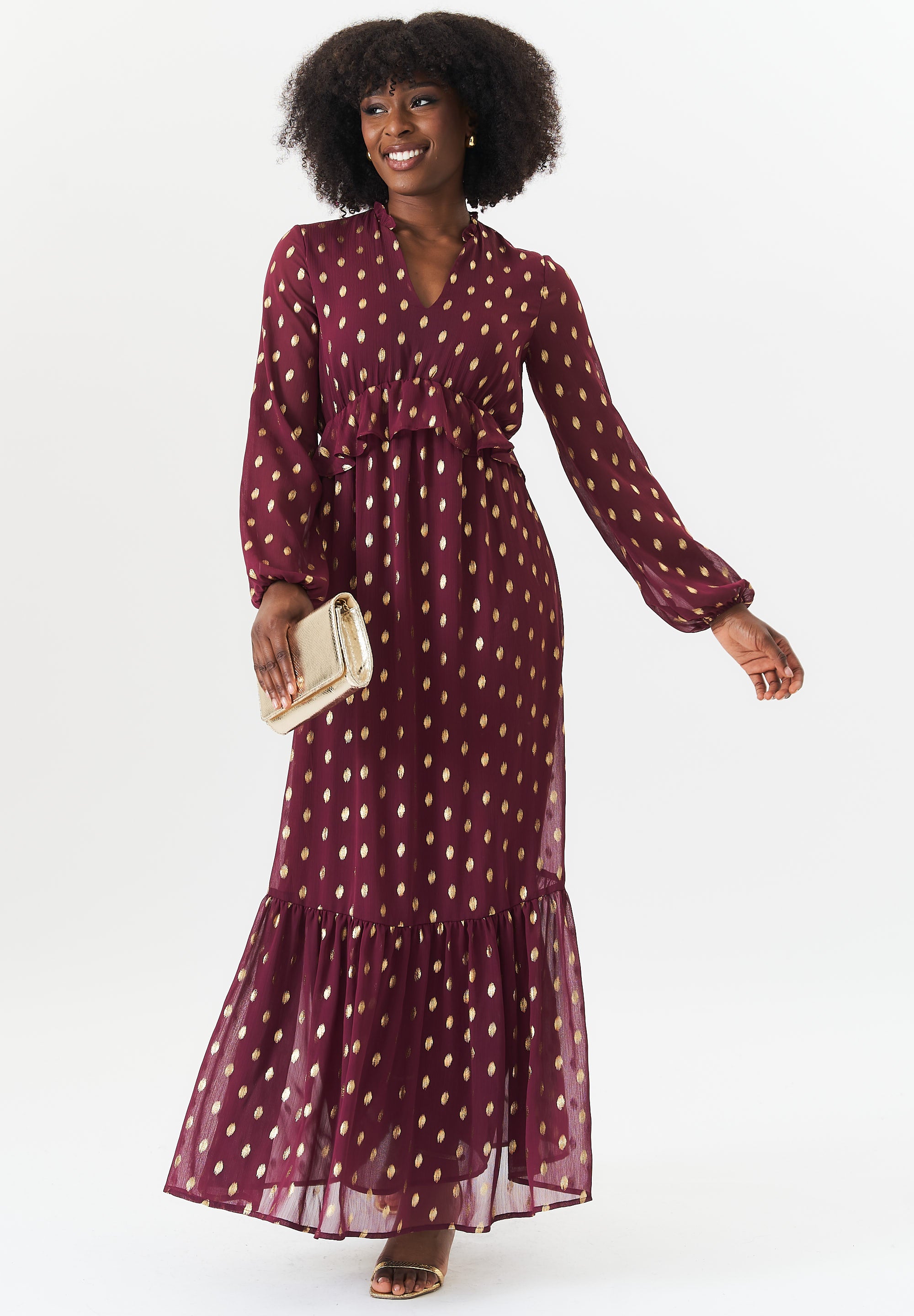 Burgundy Foil Print Ruffle Midi Dress