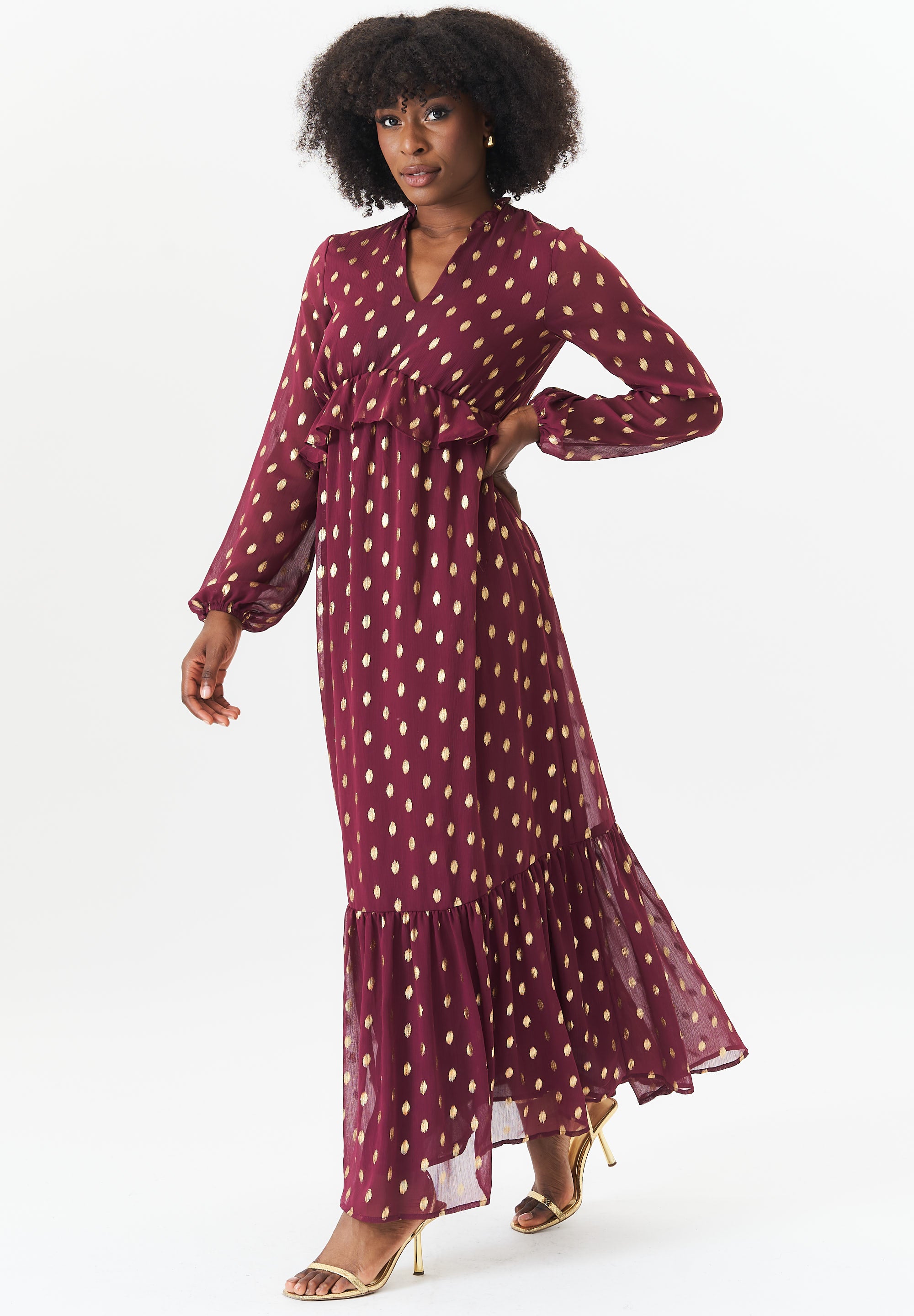 Burgundy Foil Print Ruffle Midi Dress