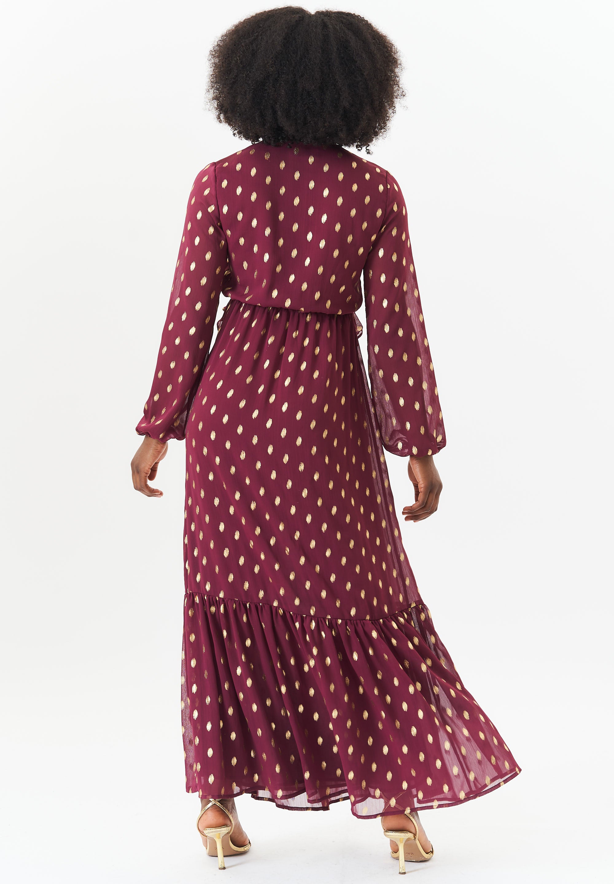 Burgundy Foil Print Ruffle Midi Dress