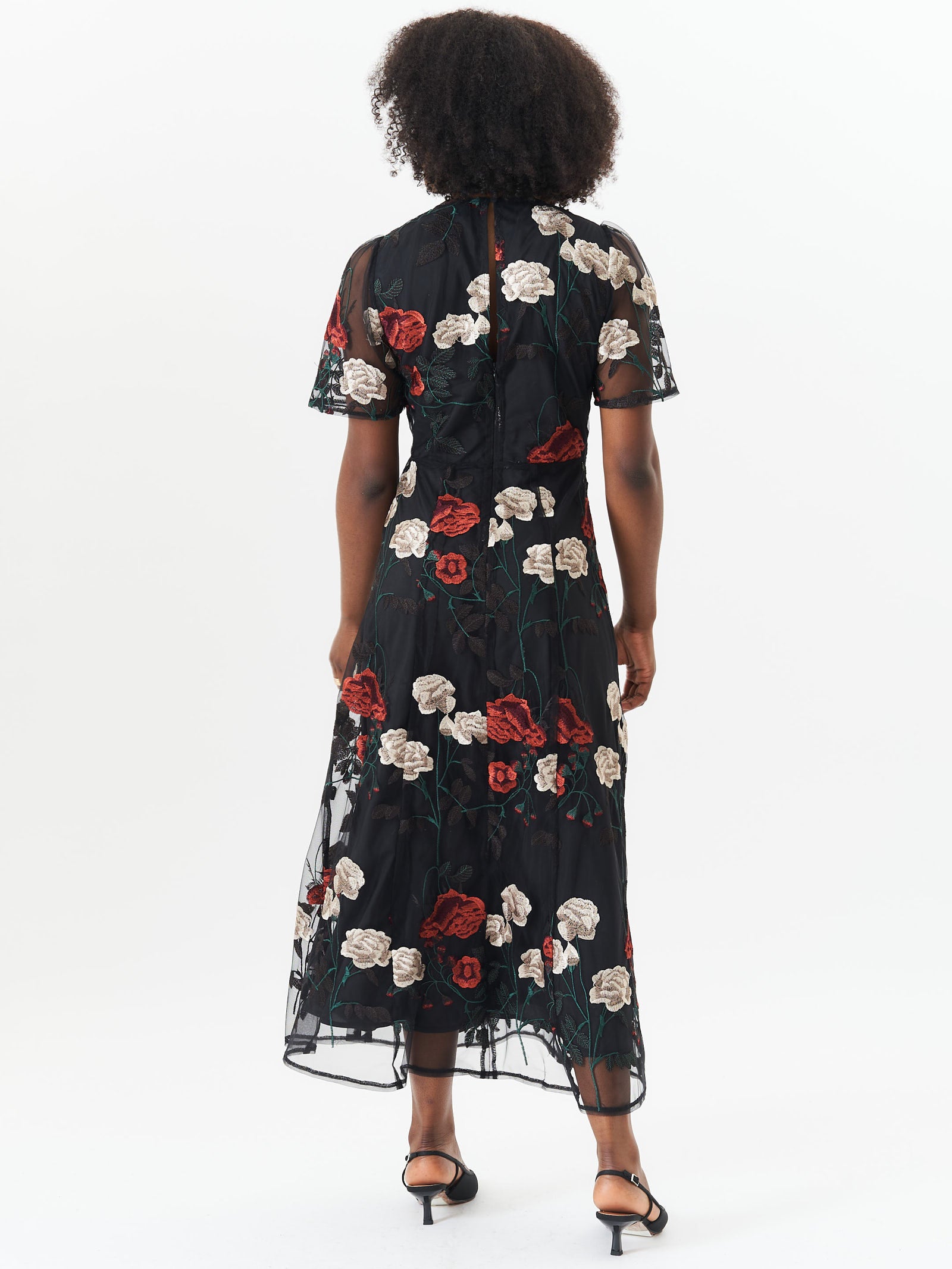 Black Angel Sleeves Embroidered Occasion Midi Dress