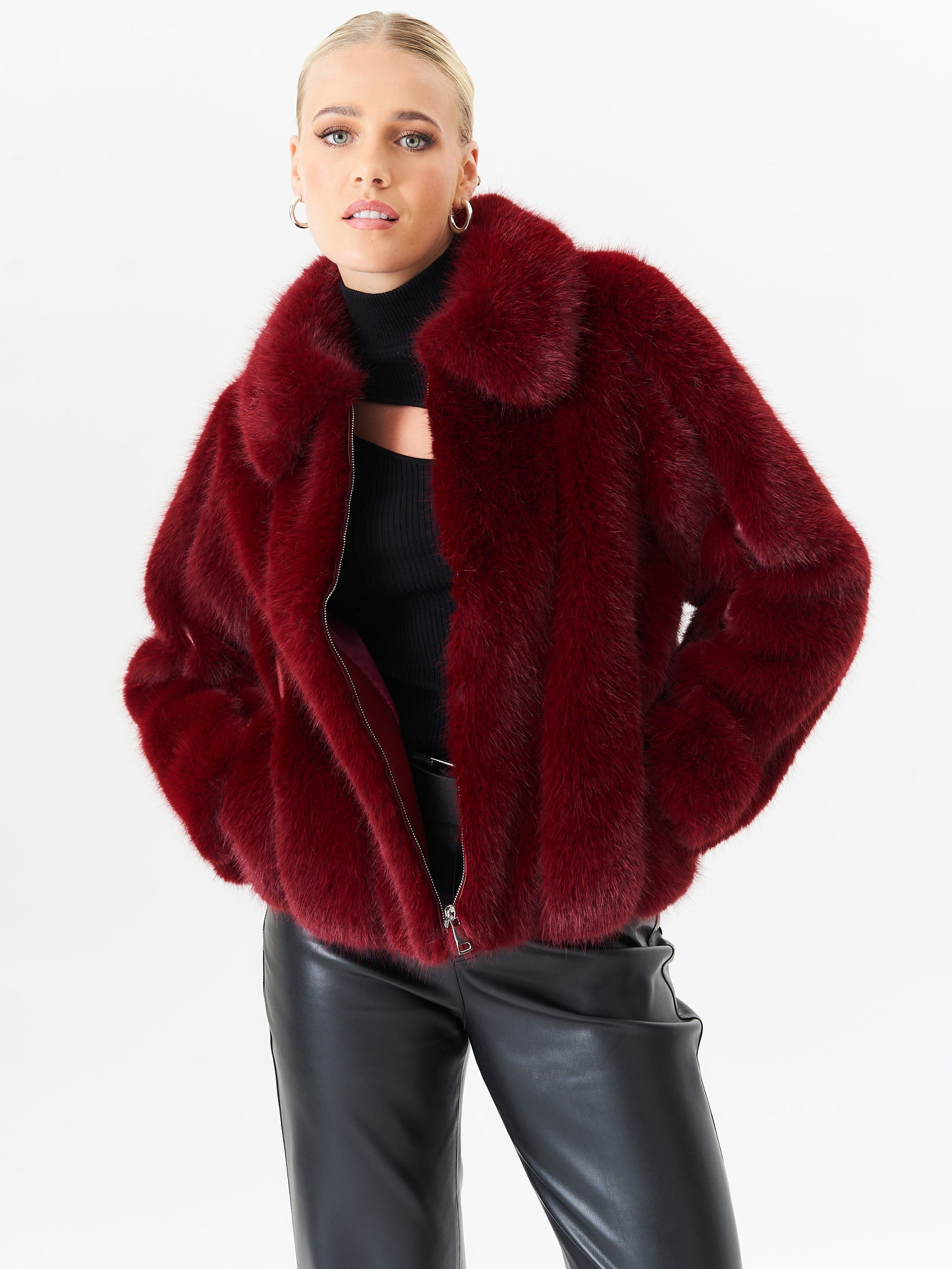 Burgundy Zip Front Faux Fur Short Jacket