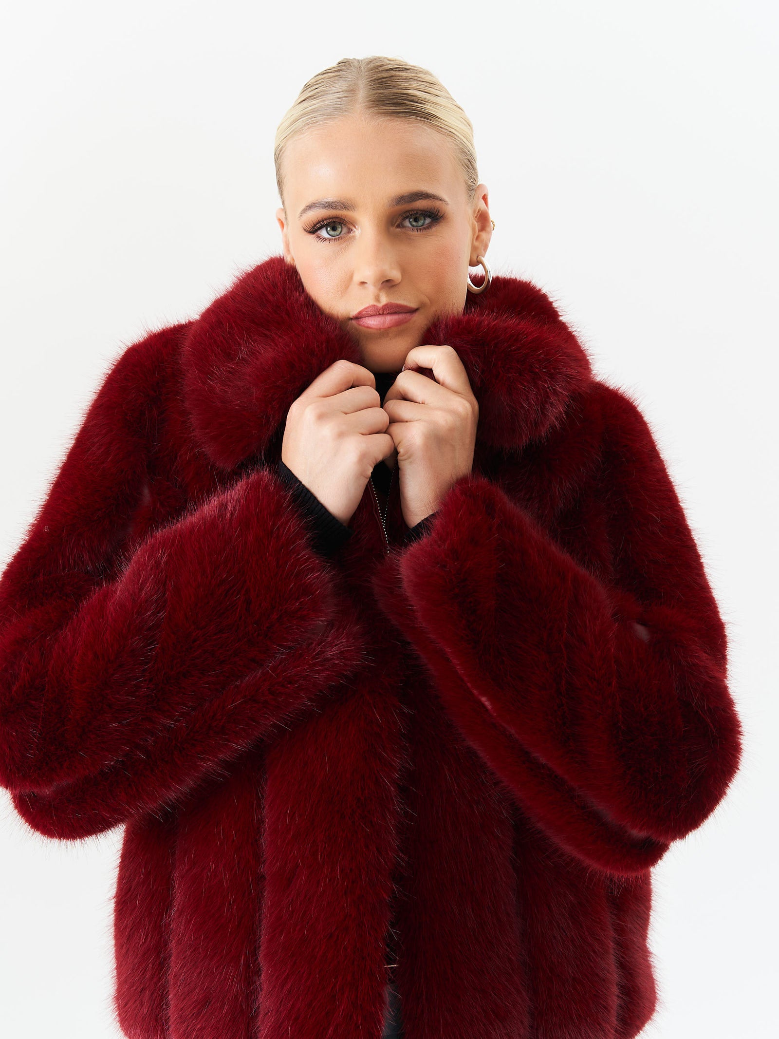 Burgundy Zip Front Faux Fur Short Jacket