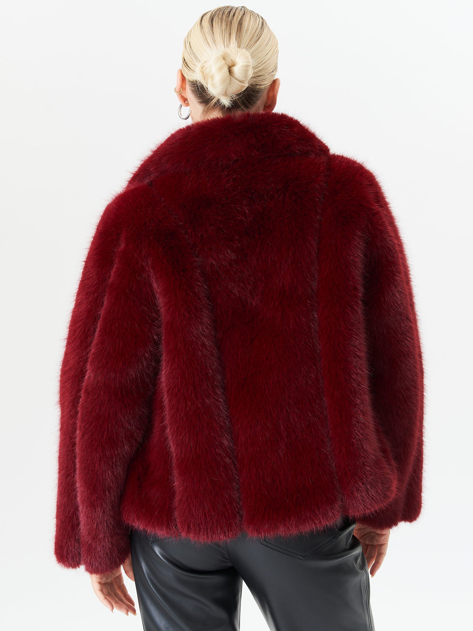 Burgundy Zip Front Faux Fur Short Jacket