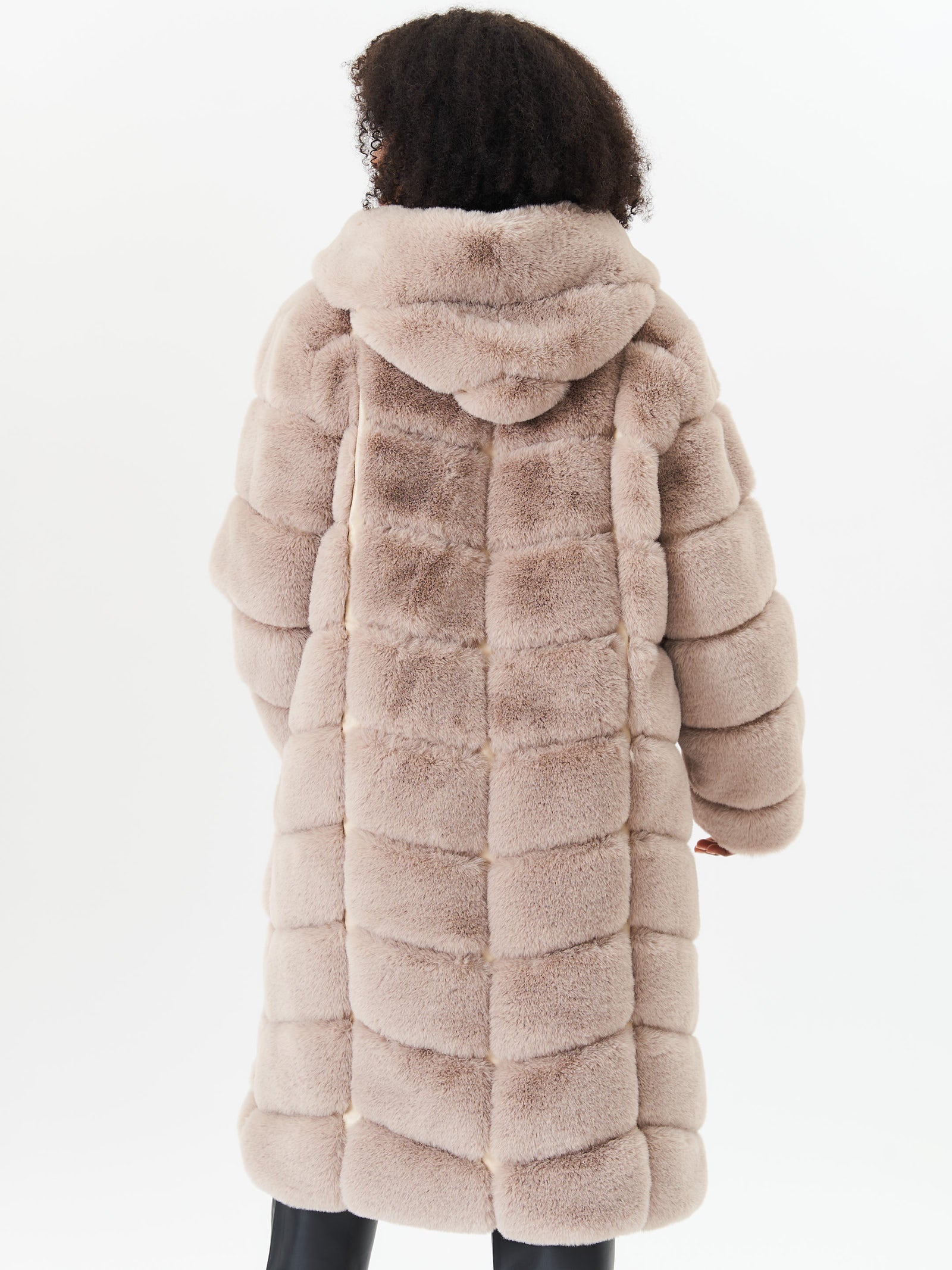 Stone Panelled Hooded Longline Fur Coat