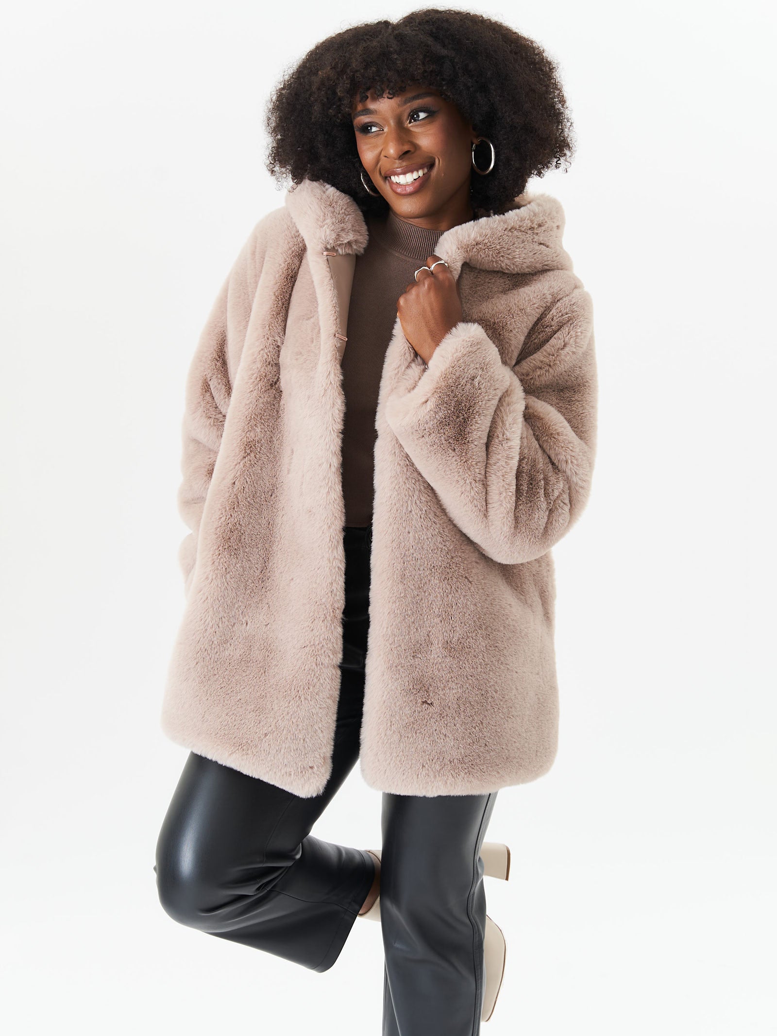 Beige Hooded Long Sleeve Faux Fur Jacket