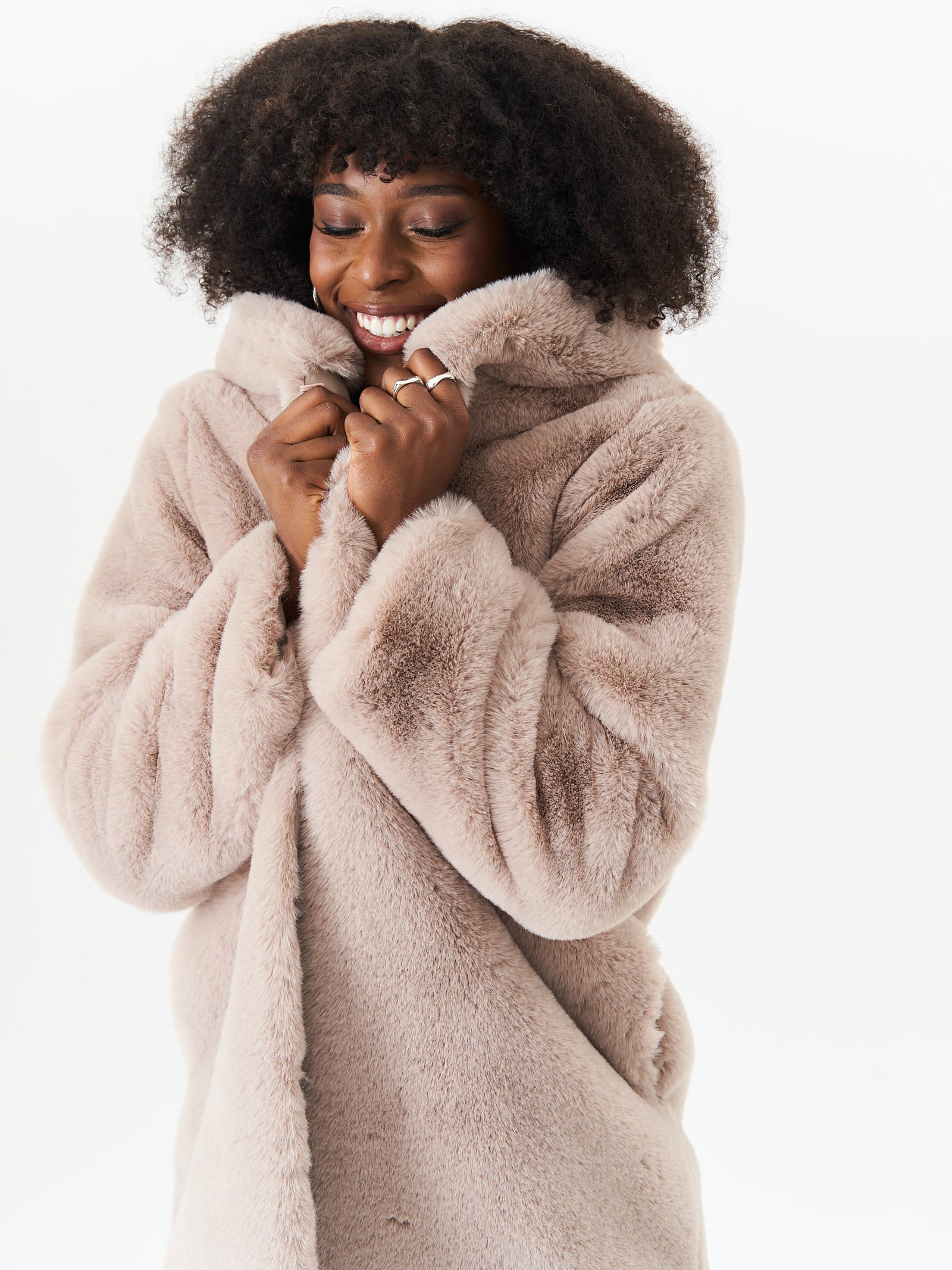 Beige Hooded Long Sleeve Faux Fur Jacket